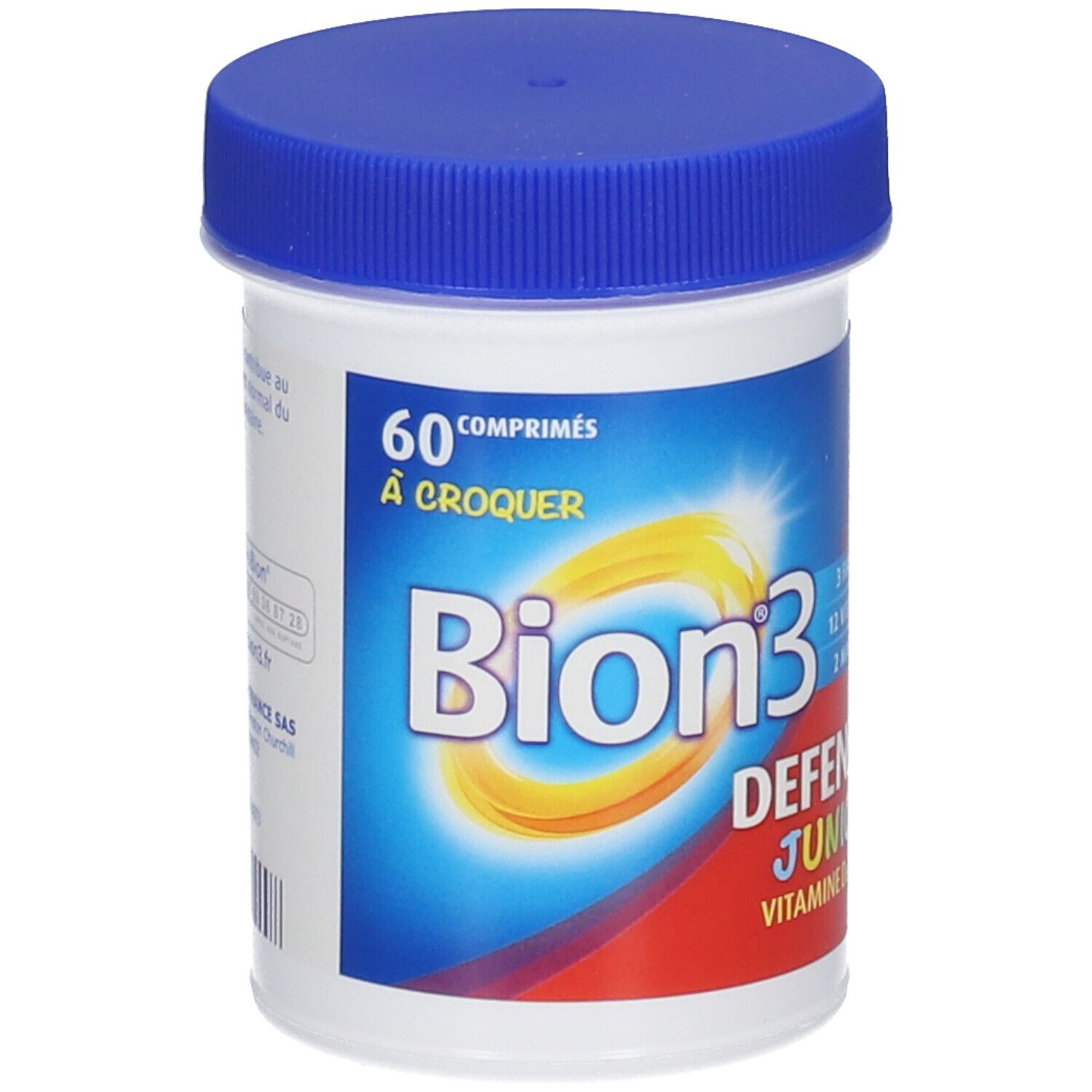 Flacon blanc, bouchon bleu. Inscription: Bion3, 60 comprimés, Défense Junior, vitamine D et zinc.