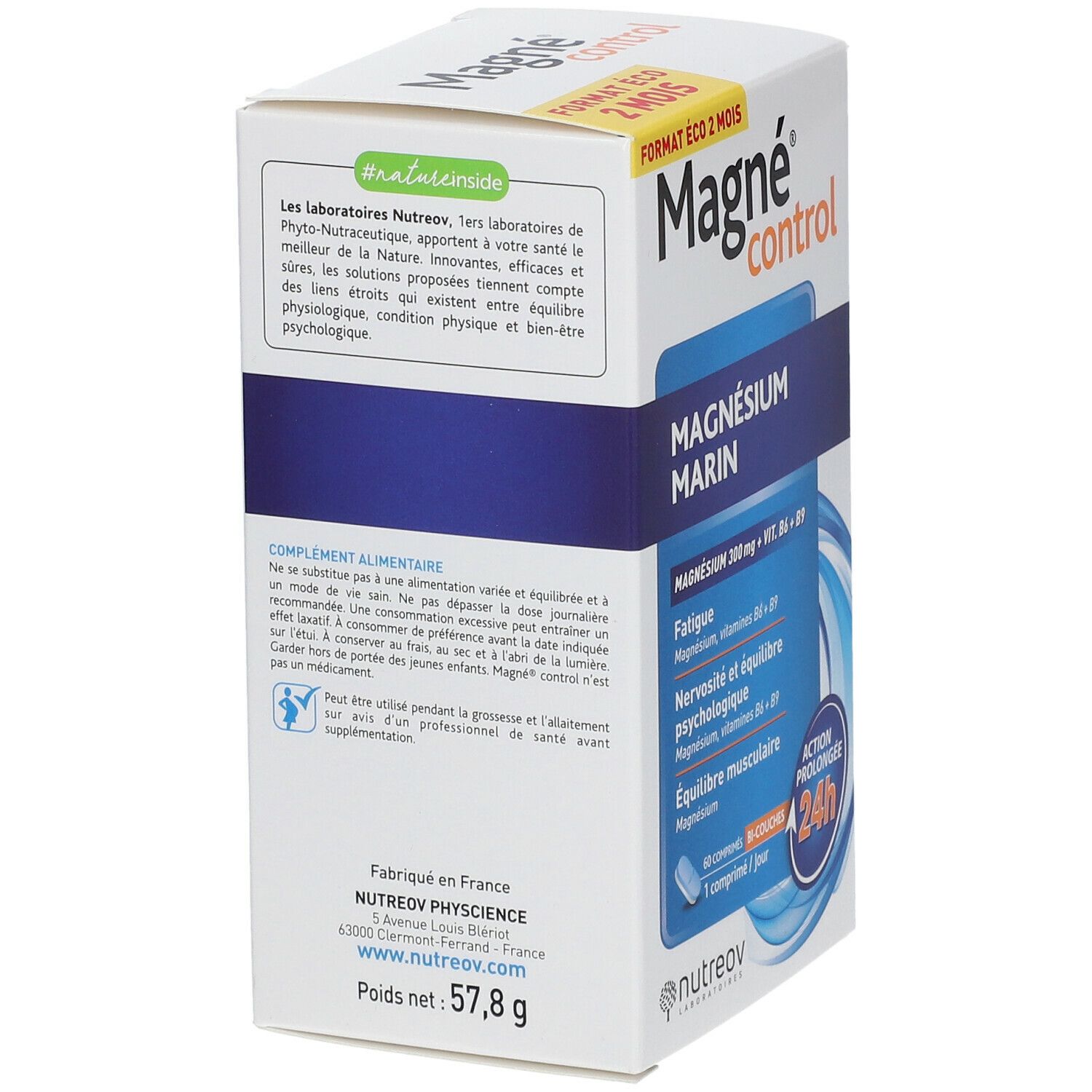 Boîte de Magne® Kontroll-Magnesium. Arrière avec informations produit, ingrédients et logo. Poids 57,8 g.