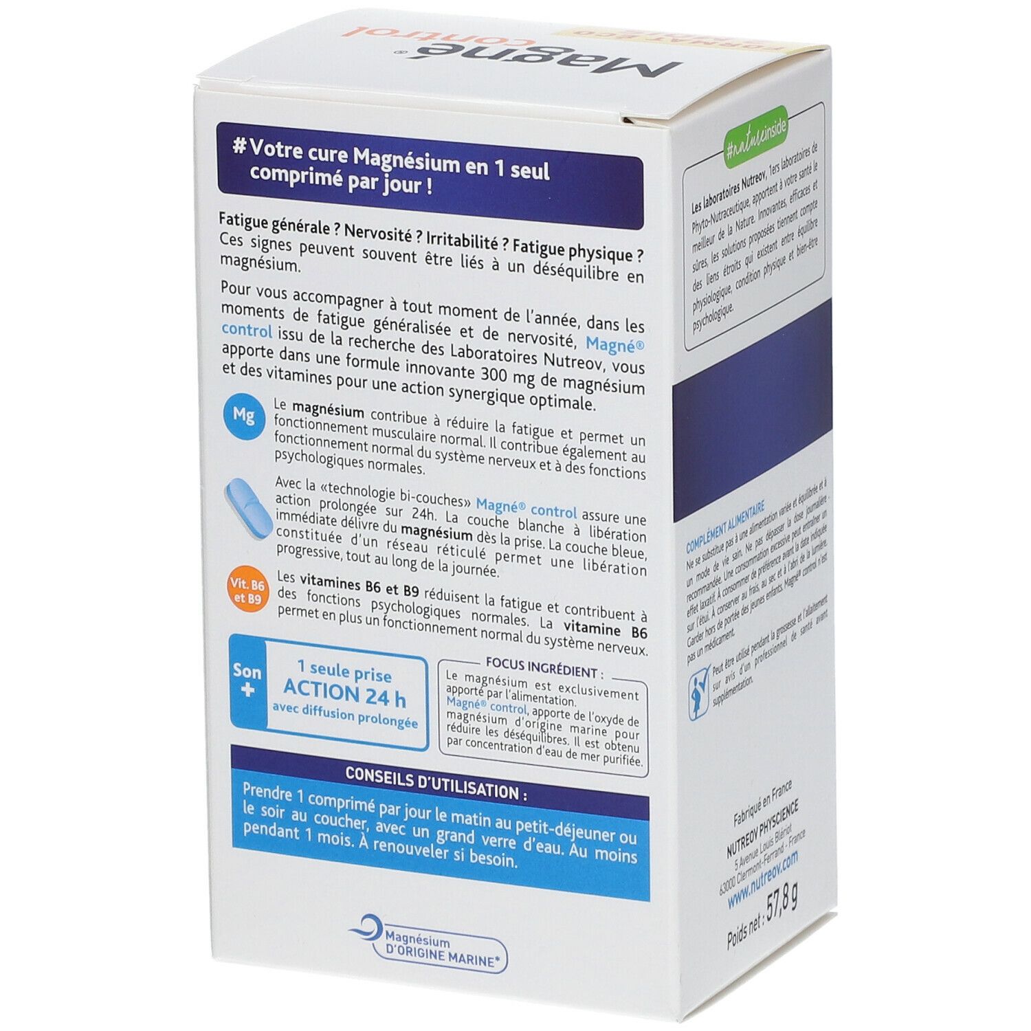 Boîte de Magne® Kontroll-Magnesium. Vue détaillée du dos avec informations produit et logo.