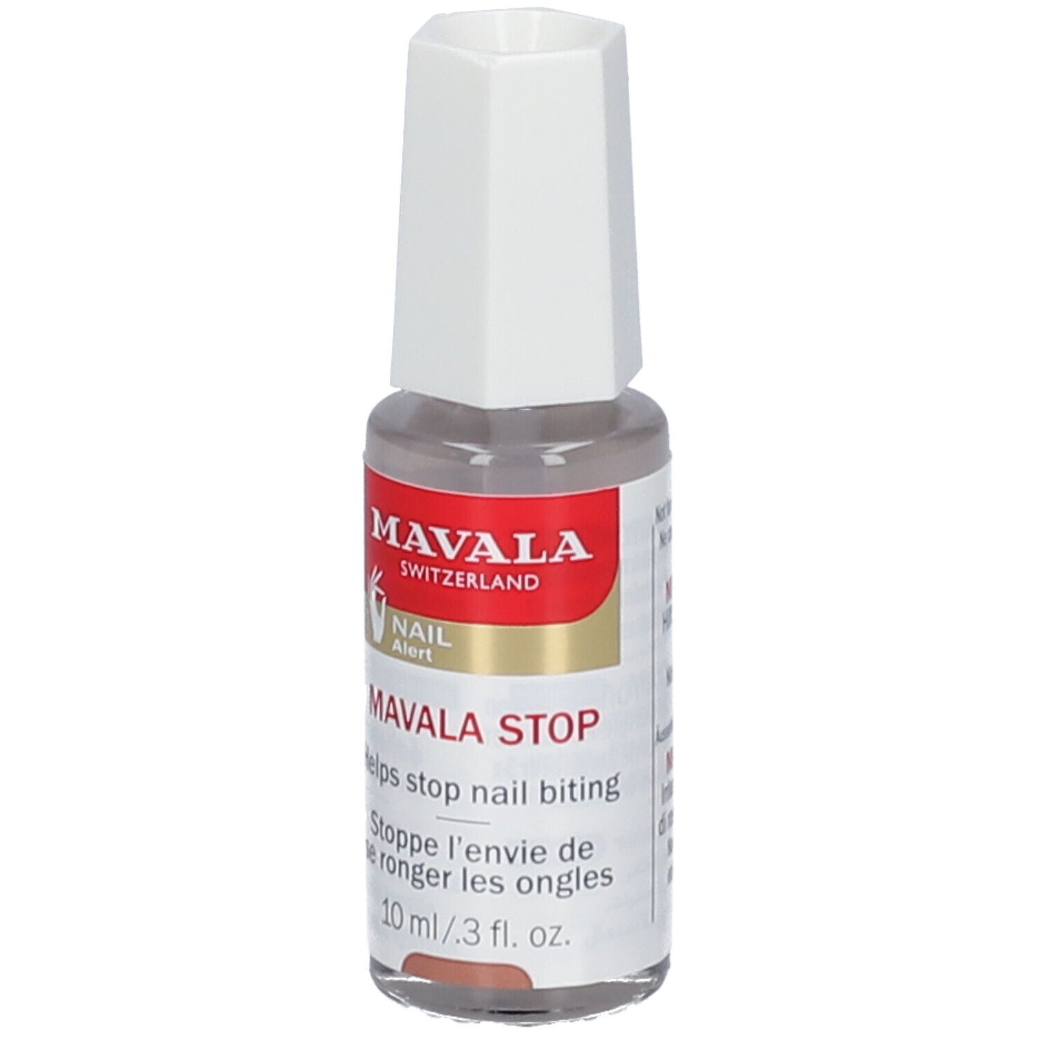 Fläschchen mit weißem Deckel. Aufschrift: MAVALA STOP, Nail Alert. Hilft, das Nägelkauen zu stoppen. 10 ml.
