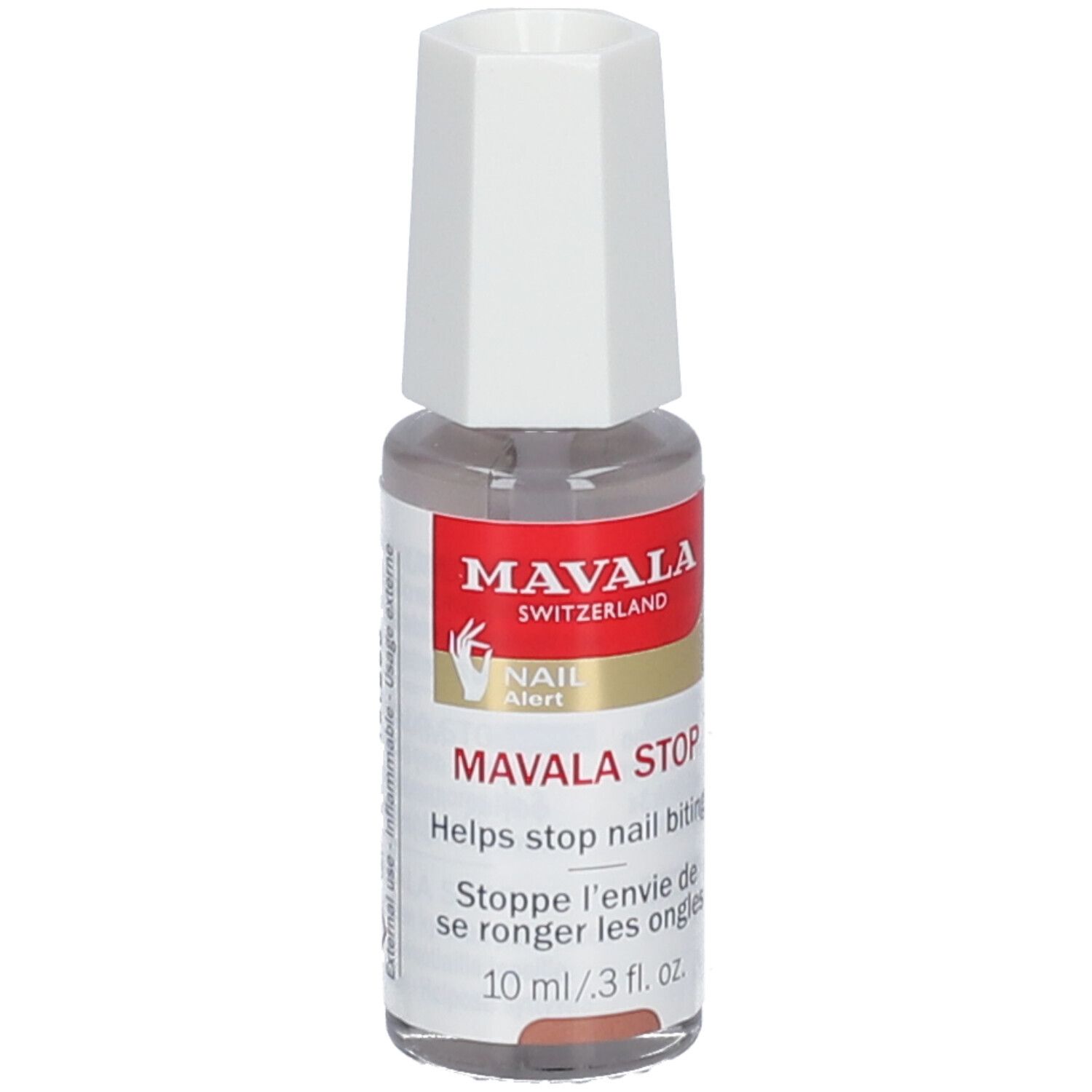Fläschchen mit weißem Deckel. Aufschrift: MAVALA STOP, Nail Alert. Hilft, das Nägelkauen zu stoppen. 10 ml.