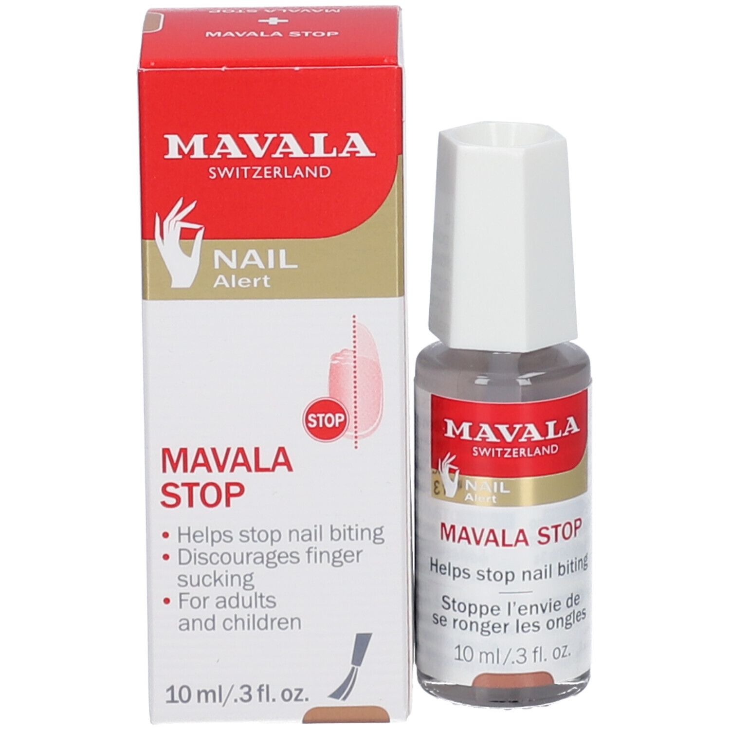 Produkt und Verpackung. Aufschrift: MAVALA STOP, Nail Alert. Hilft, das Nägelkauen zu stoppen. 10 ml.