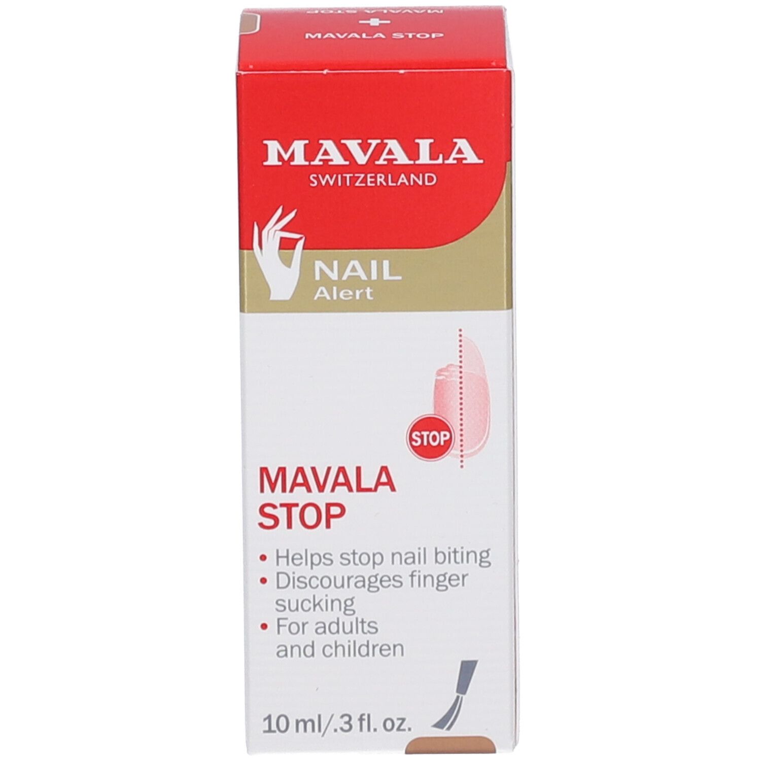 Verpackung. Aufschrift: MAVALA STOP, Nail Alert. Hilft, das Nägelkauen zu stoppen. Für Erwachsene und Kinder.