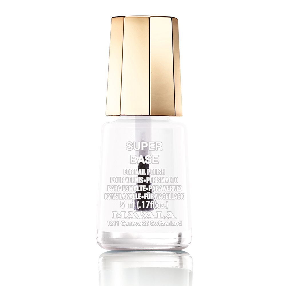 Klare Nagellackflasche mit goldfarbenem Deckel. Aufschrift: SUPER BASE, 5 ml, Mavala.