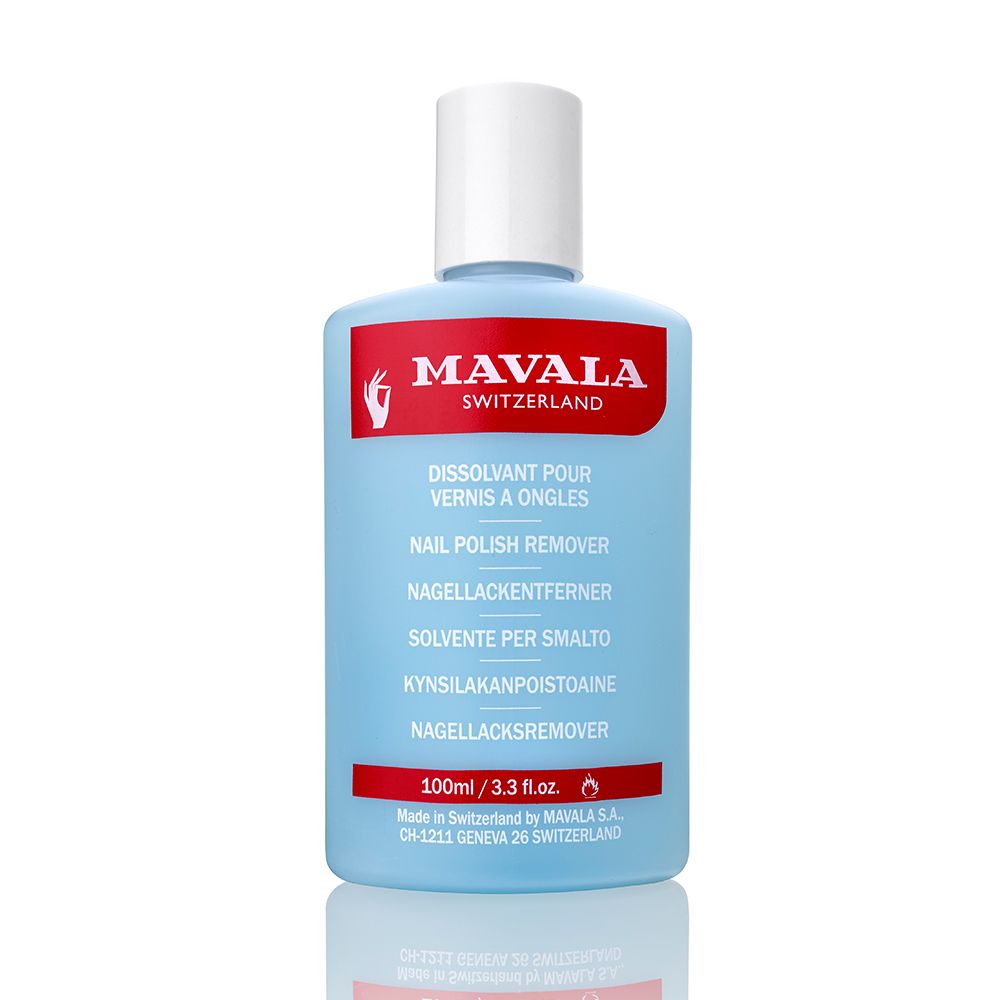 Flasche Nagellackentferner, blau, weißer Deckel. Roter Streifen mit "MAVALA SWITZERLAND". Text: "Nail Polish Remover".