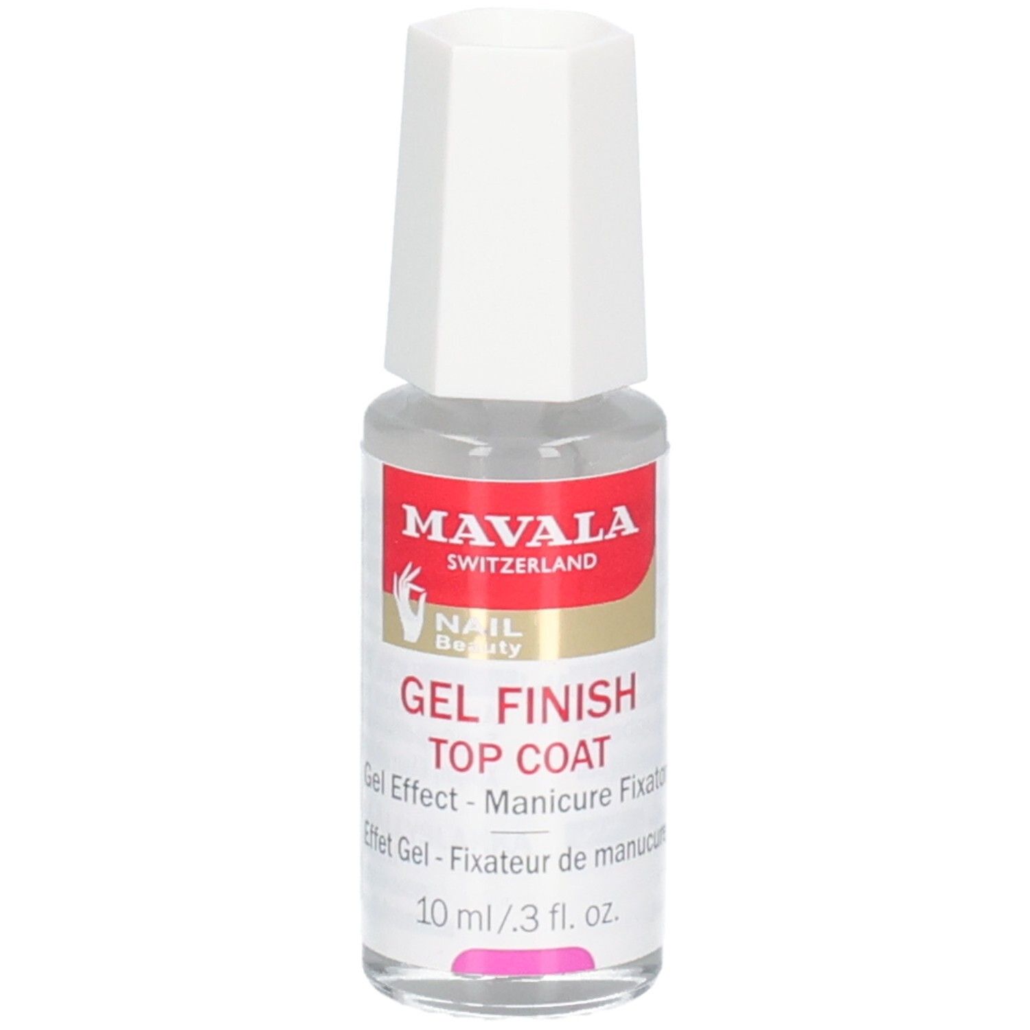 Klare Nagellackflasche mit weißem Verschluss. Aufkleber mit Marke Mavala, Gel Finish Top Coat. 10 ml.
