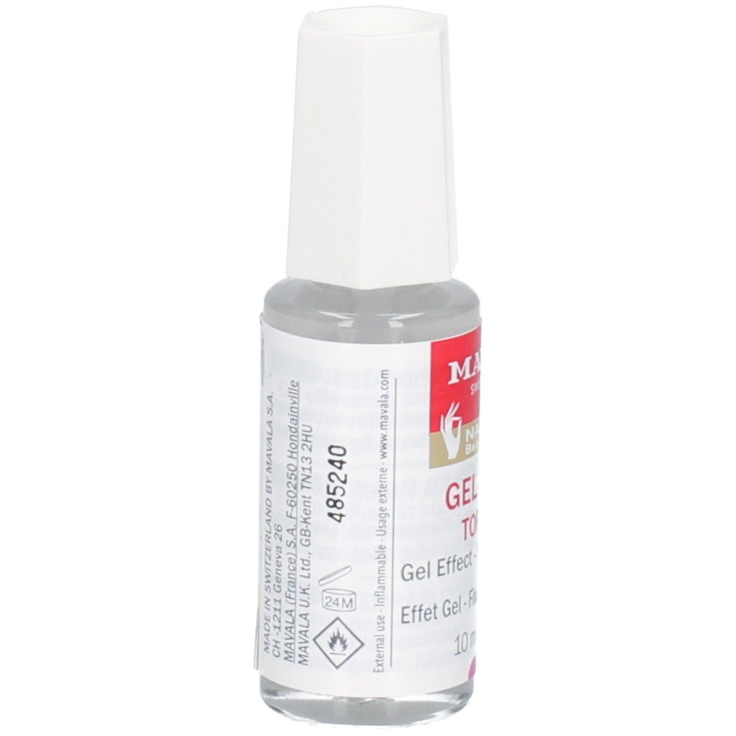 Nagellackflasche mit weißem Verschluss. Aufkleber mit Marke Mavala, Gel Finish Top Coat. 10 ml. Rückseite mit Text.