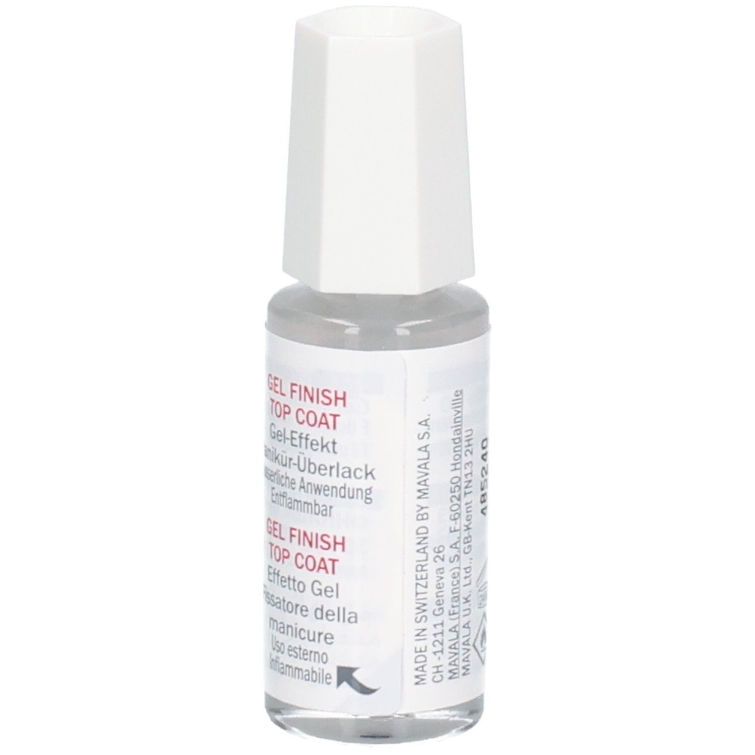 Nagellackflasche mit weißem Verschluss. Aufkleber mit Marke Mavala, Gel Finish Top Coat. Rückseite mit Text.
