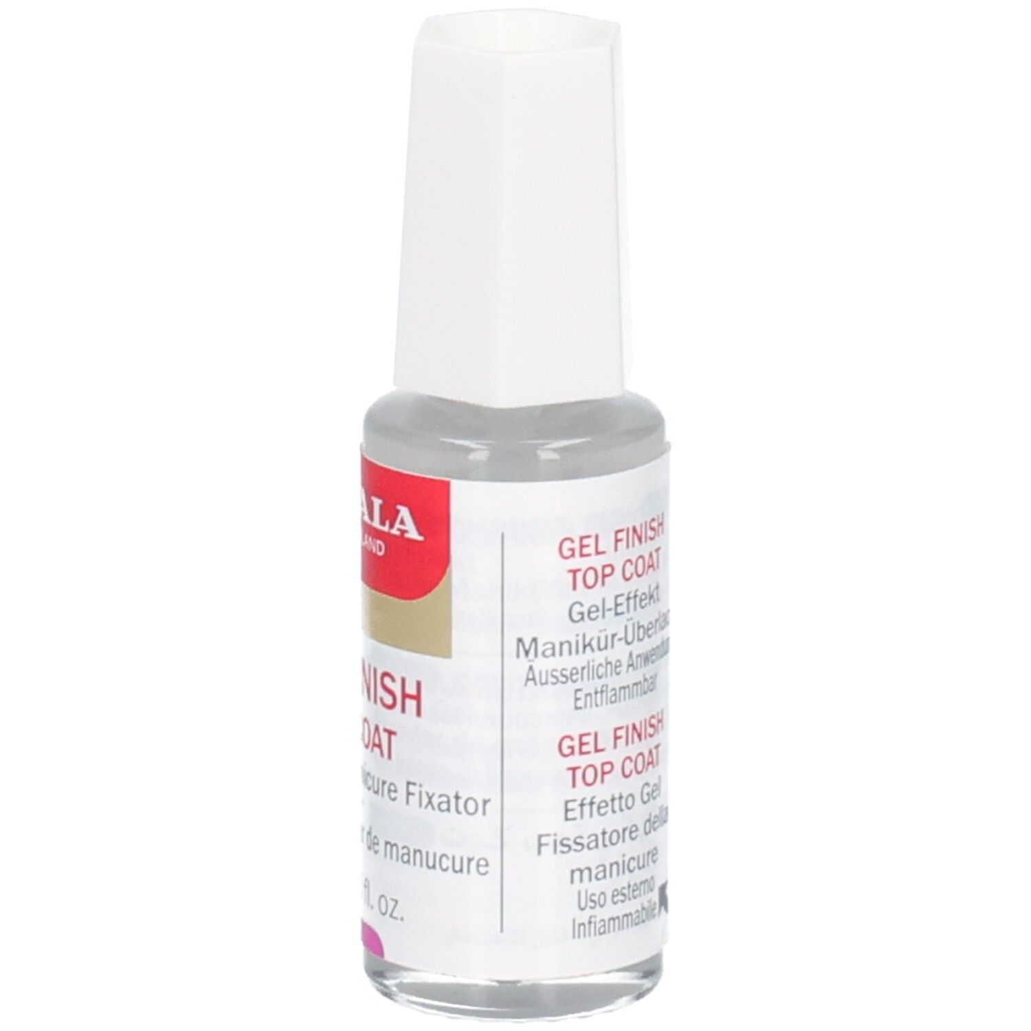 Nagellackflasche mit weißem Verschluss. Aufkleber mit Marke Mavala, Gel Finish Top Coat. Mehrsprachiger Text.