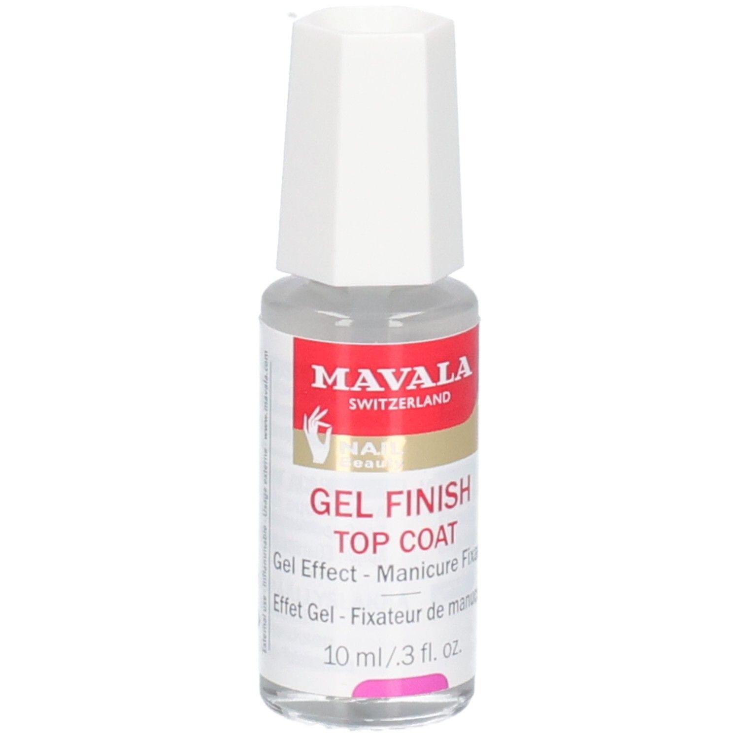 Nagellackflasche mit weißem Verschluss. Aufkleber mit Marke Mavala, Gel Finish Top Coat. 10 ml.