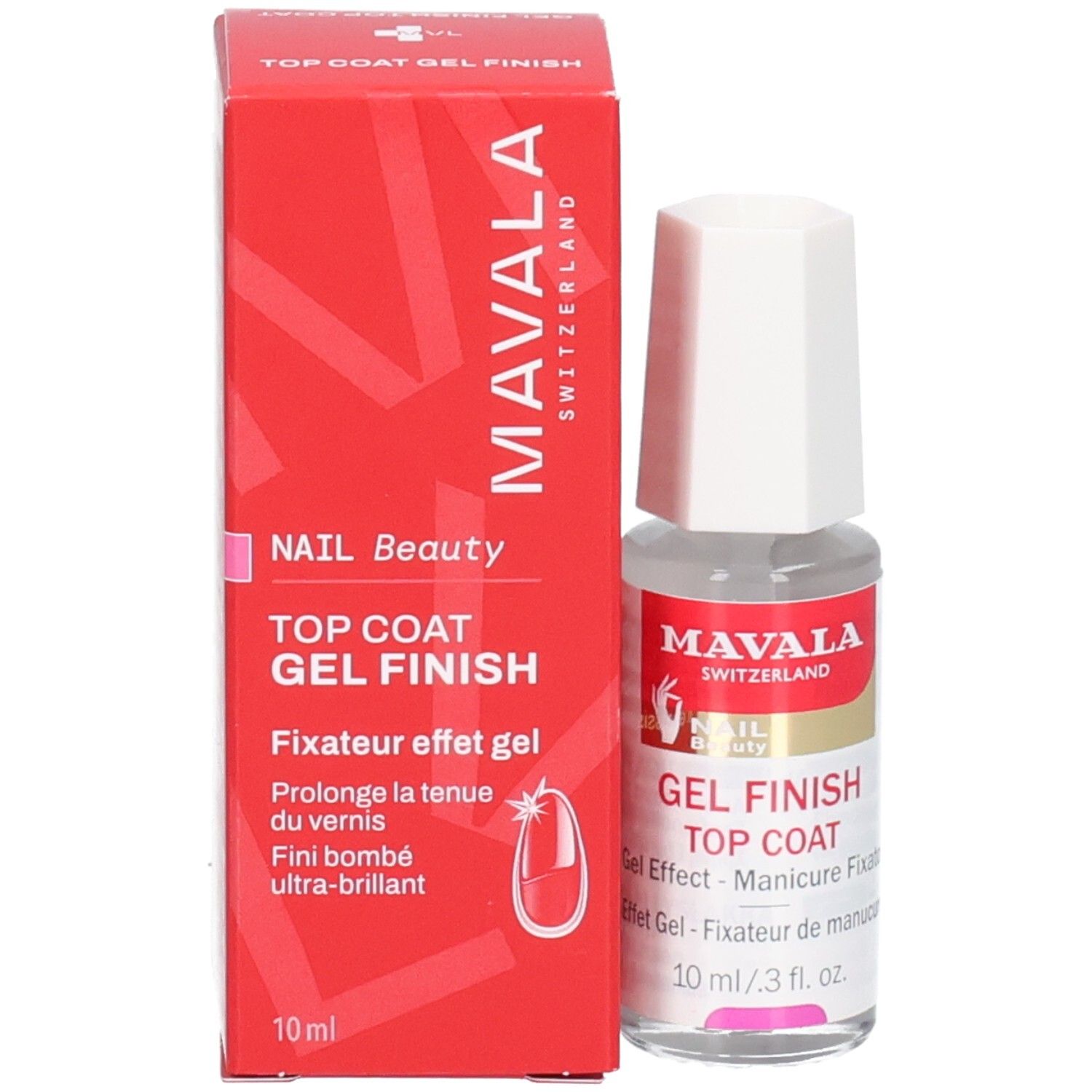 Nagellackflasche und Schachtel. Schachtel mit Marke Mavala, Gel Finish Top Coat. 10 ml.