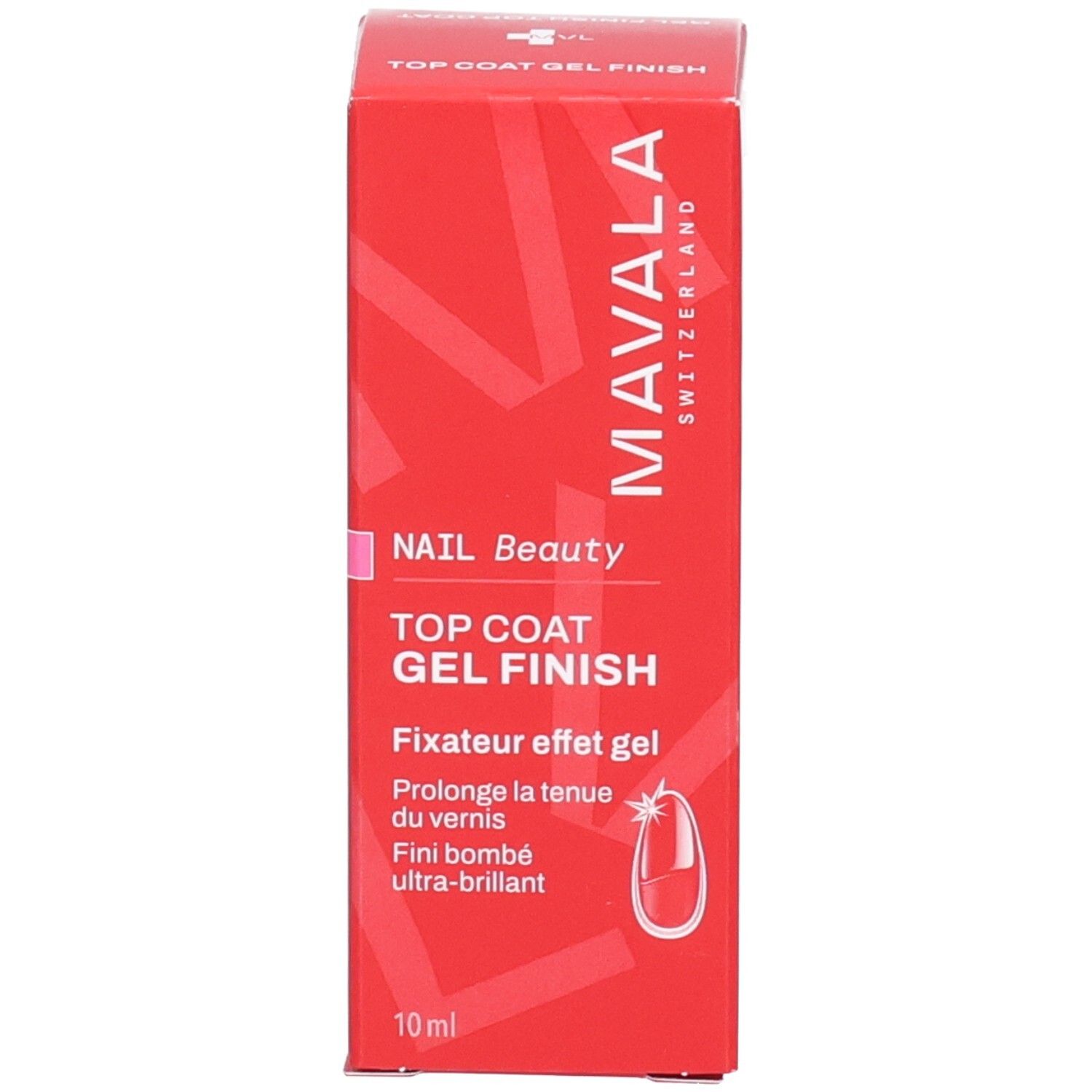 Schachtel mit Marke Mavala, Gel Finish Top Coat. 10 ml. Abbildung eines Nagels.