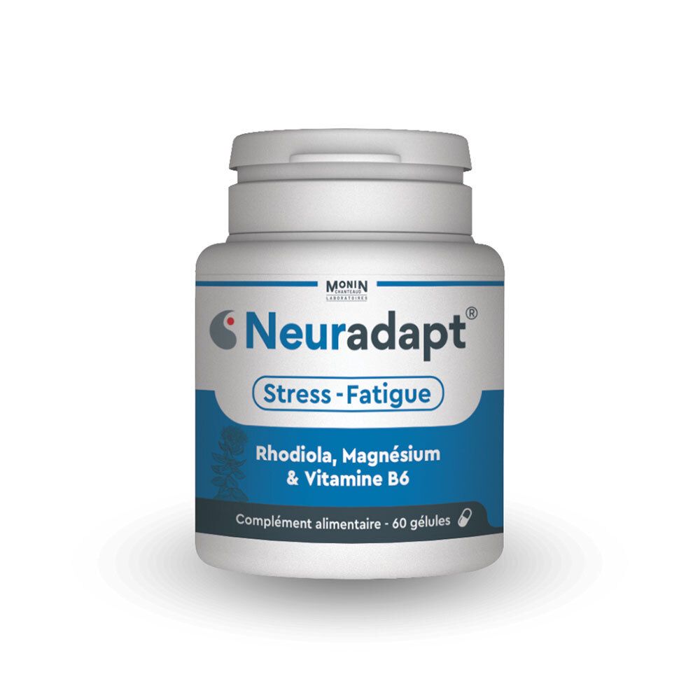Flacon blanc de complément alimentaire. Inscription : Neuradapt, Stress-Fatigue. Contient Rhodiola, Magnésium & Vitamine B6.