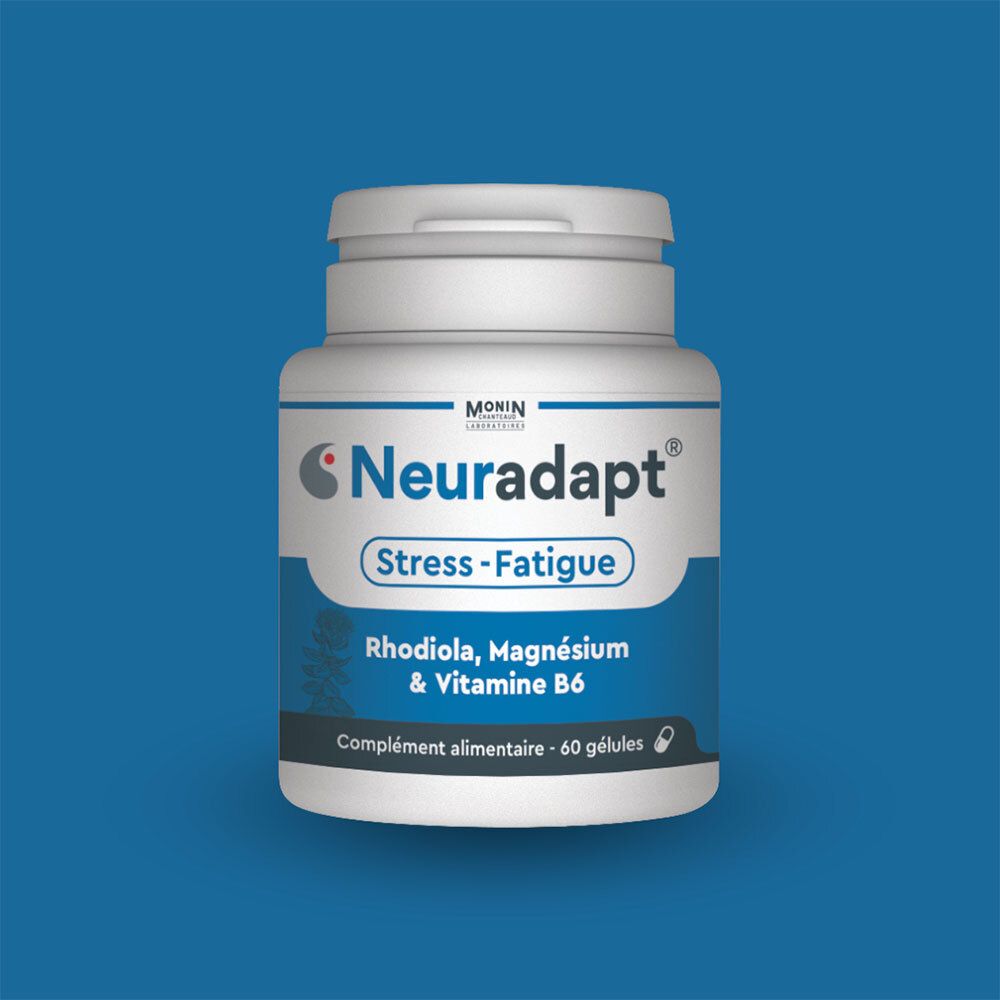 Flacon blanc de complément alimentaire. Inscription : Neuradapt, Stress-Fatigue. Contient Rhodiola, Magnésium & Vitamine B6.