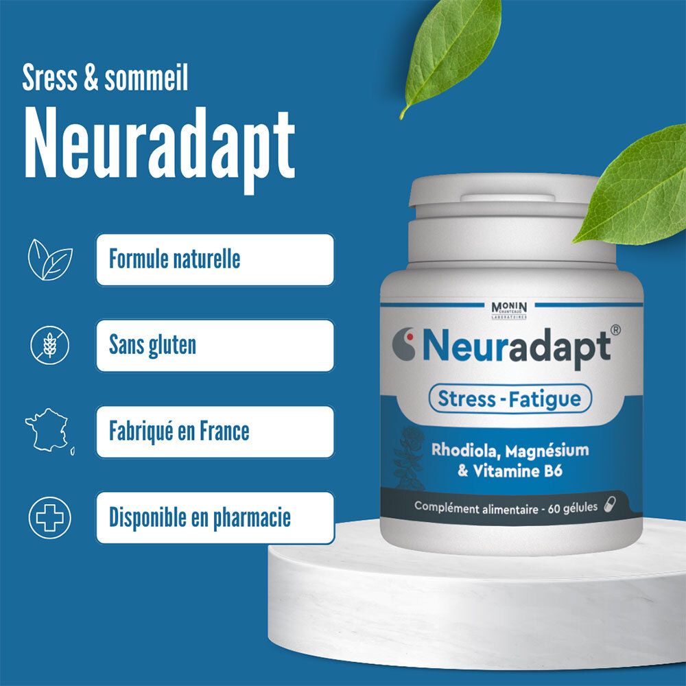 Flacon de produit avec informations. Neuradapt, Stress-Fatigue. Formule naturelle, sans gluten, fabriqué en France, disponible en pharmacie.