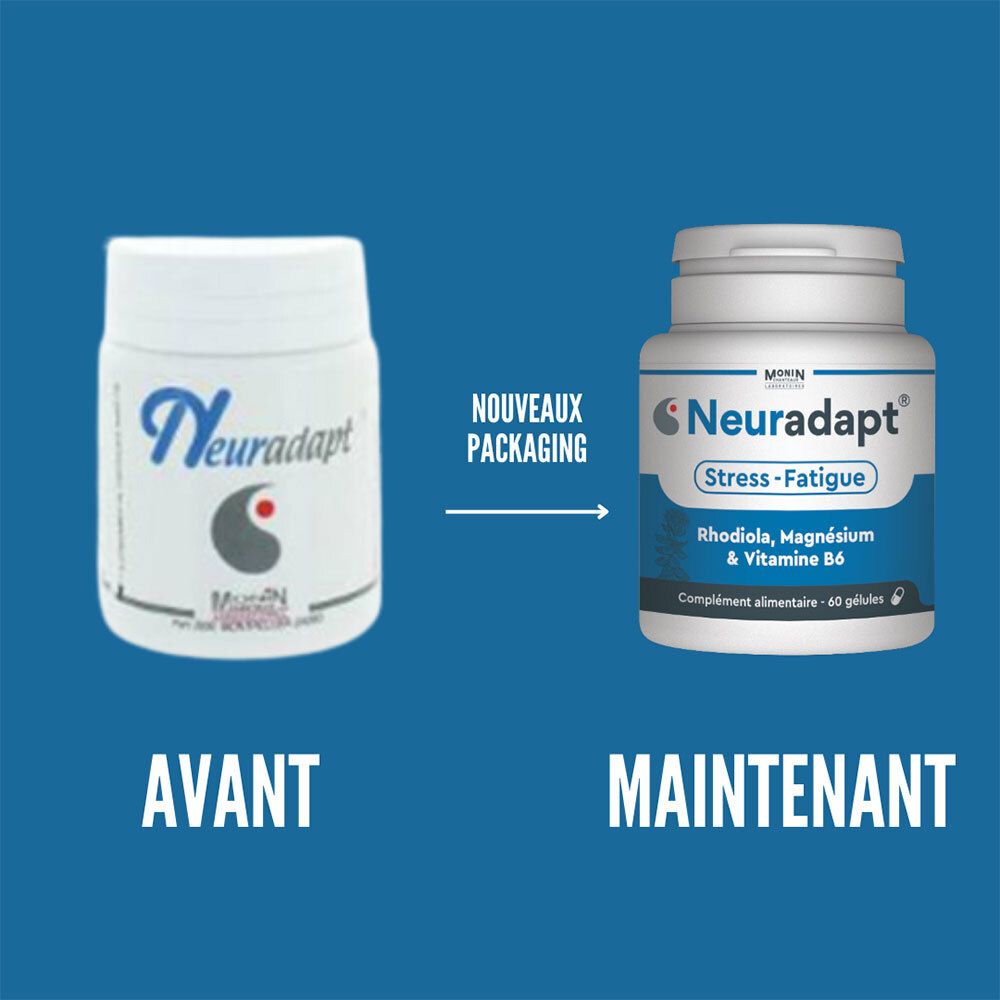 Comparaison de deux flacons de produit. Gauche : ancien design. Droite : Neuradapt, Stress-Fatigue. Contient Rhodiola, Magnésium & Vitamine B6.