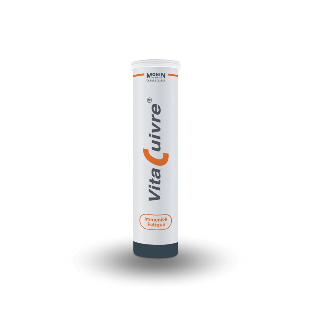 Tube cylindrique avec 'VitaCuivre'. Accents orange. 'Immunité' et 'Fatigue' en dessous. Fond blanc.