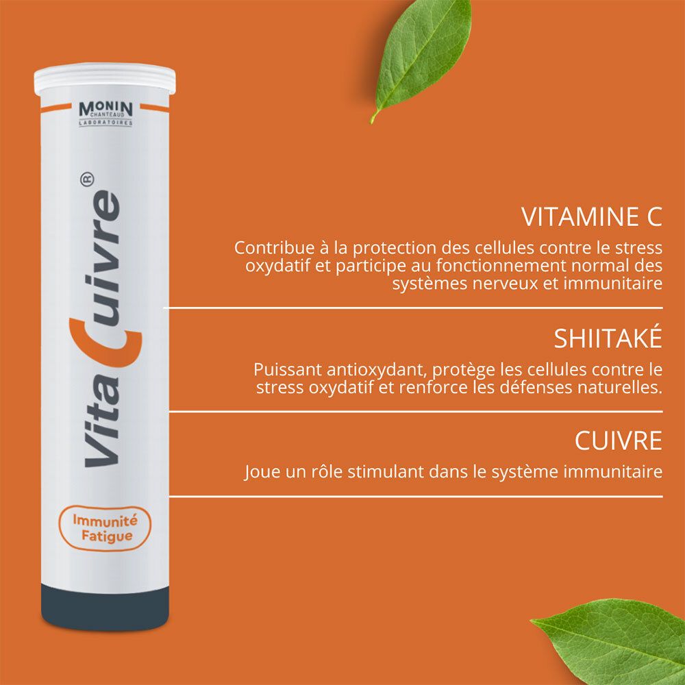 Tube 'VitaCuivre' avec informations. Fond orange avec feuilles. Texte: Vitamine C, Shiitake, Cuivre.