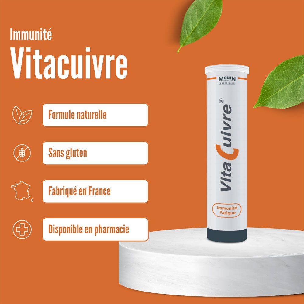 Tube 'VitaCuivre' sur socle. Fond orange. Texte: Formule naturelle, sans gluten, fabriqué en France, pharmacie.