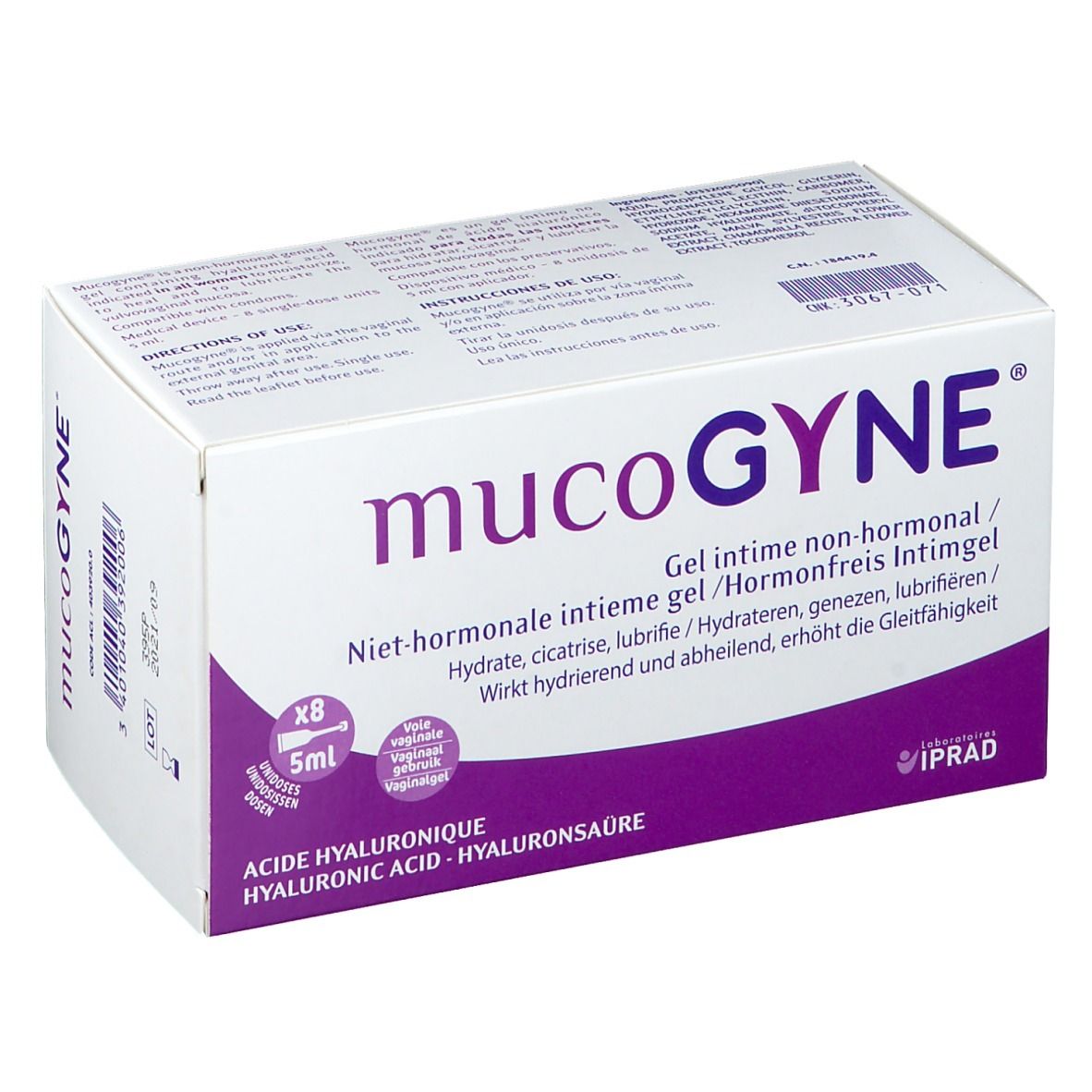 Weißer Karton mit lila Akzenten. Aufschrift: mucoGYNE, Gel intime non-hormonal. Enthält 8 x 5ml. Mit Hyaluronsäure.