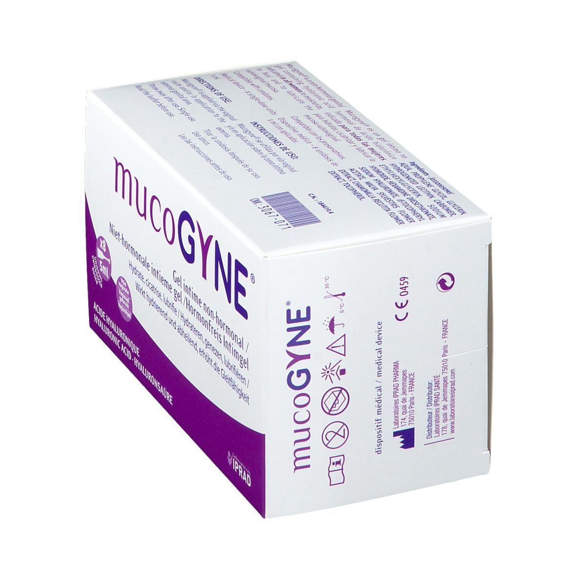 Schräg gestellter weißer Karton mit lila Akzenten. Aufschrift: mucoGYNE. Medizinprodukt. Enthält Informationen und Symbole.
