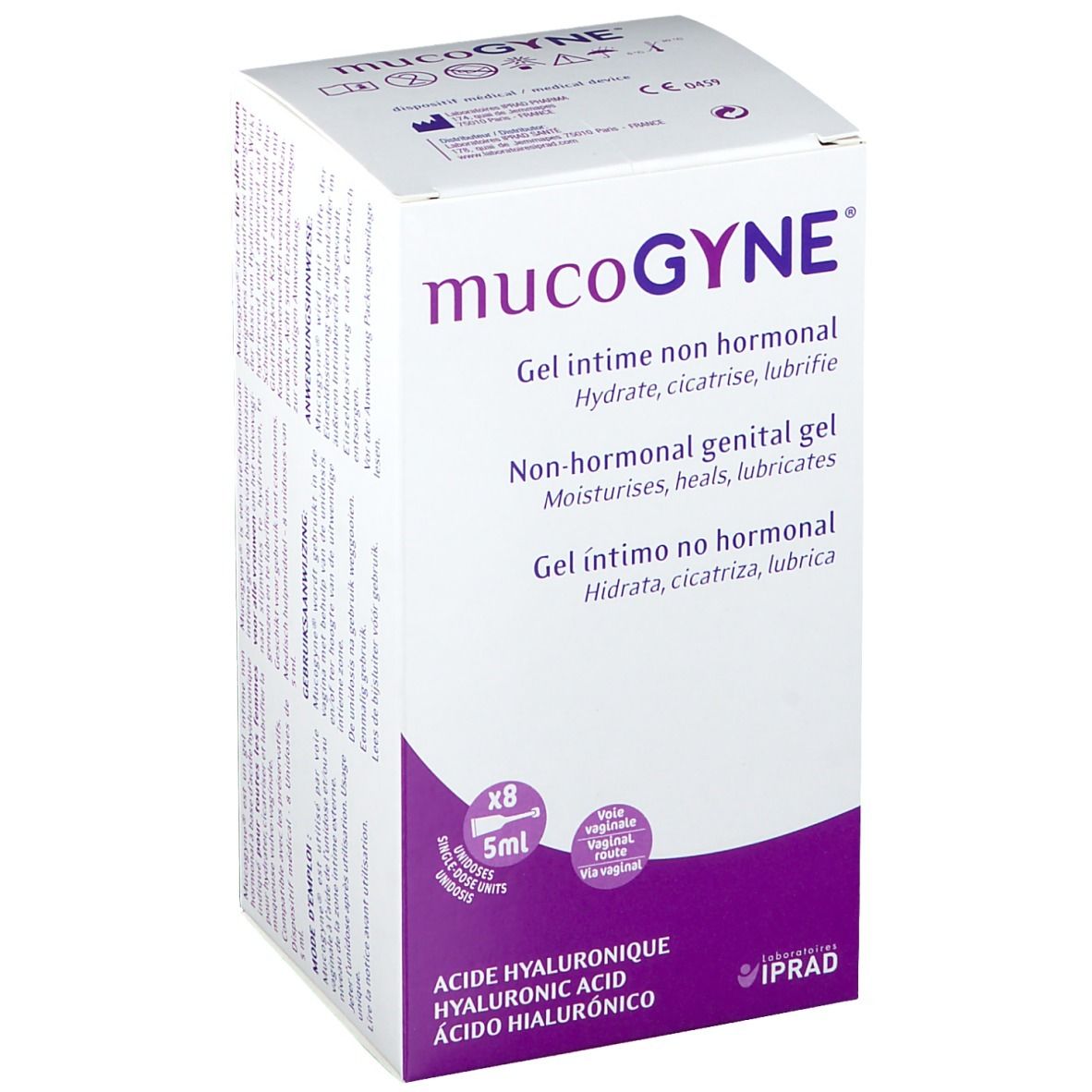 Weißer Karton mit lila Akzenten. Aufschrift: mucoGYNE, Gel intime non hormonal. Enthält 8 x 5ml. Mit Hyaluronsäure.