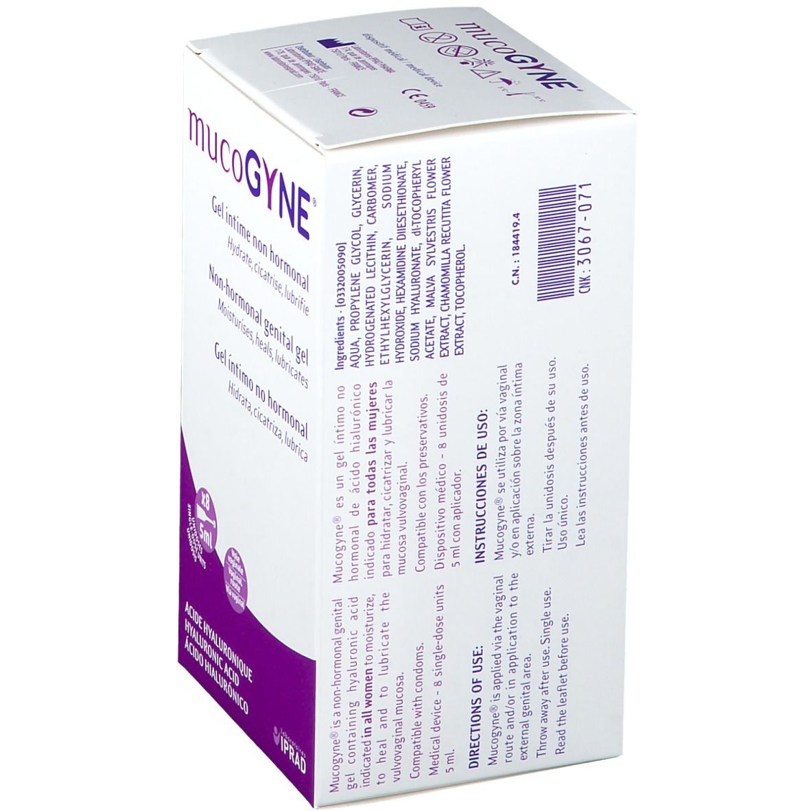 Nahaufnahme der Rückseite eines weißen Kartons. Aufschrift: mucoGYNE, Inhaltsstoffe, Gebrauchsanweisung. Medizinprodukt.