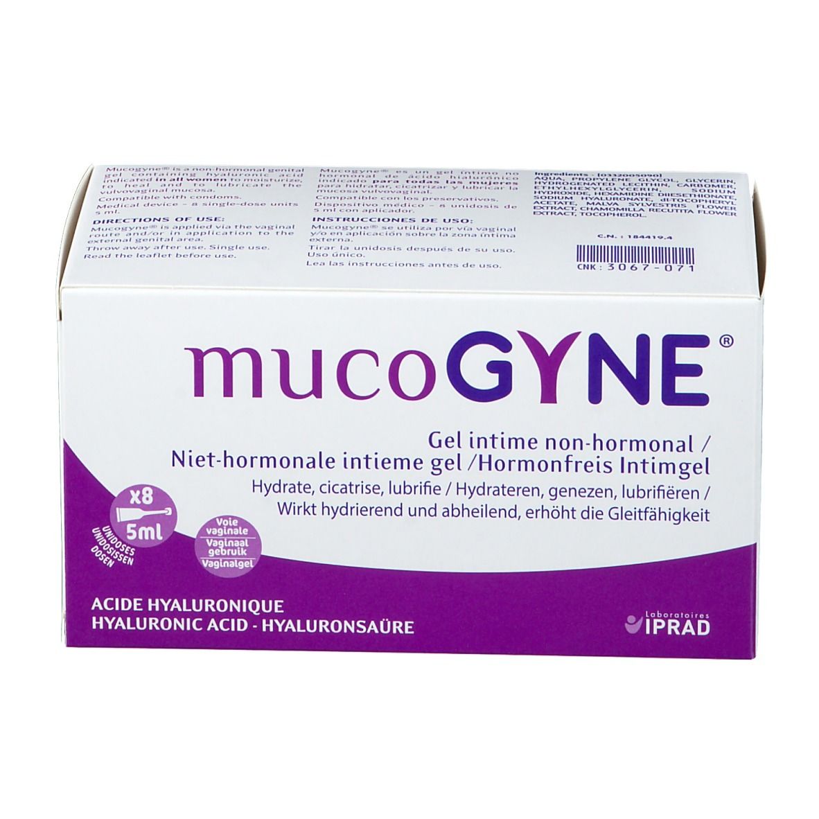 Weißer Karton mit lila Akzenten. Aufschrift: mucoGYNE, Gel intime non-hormonal. Enthält 8 x 5ml. Mit Hyaluronsäure.
