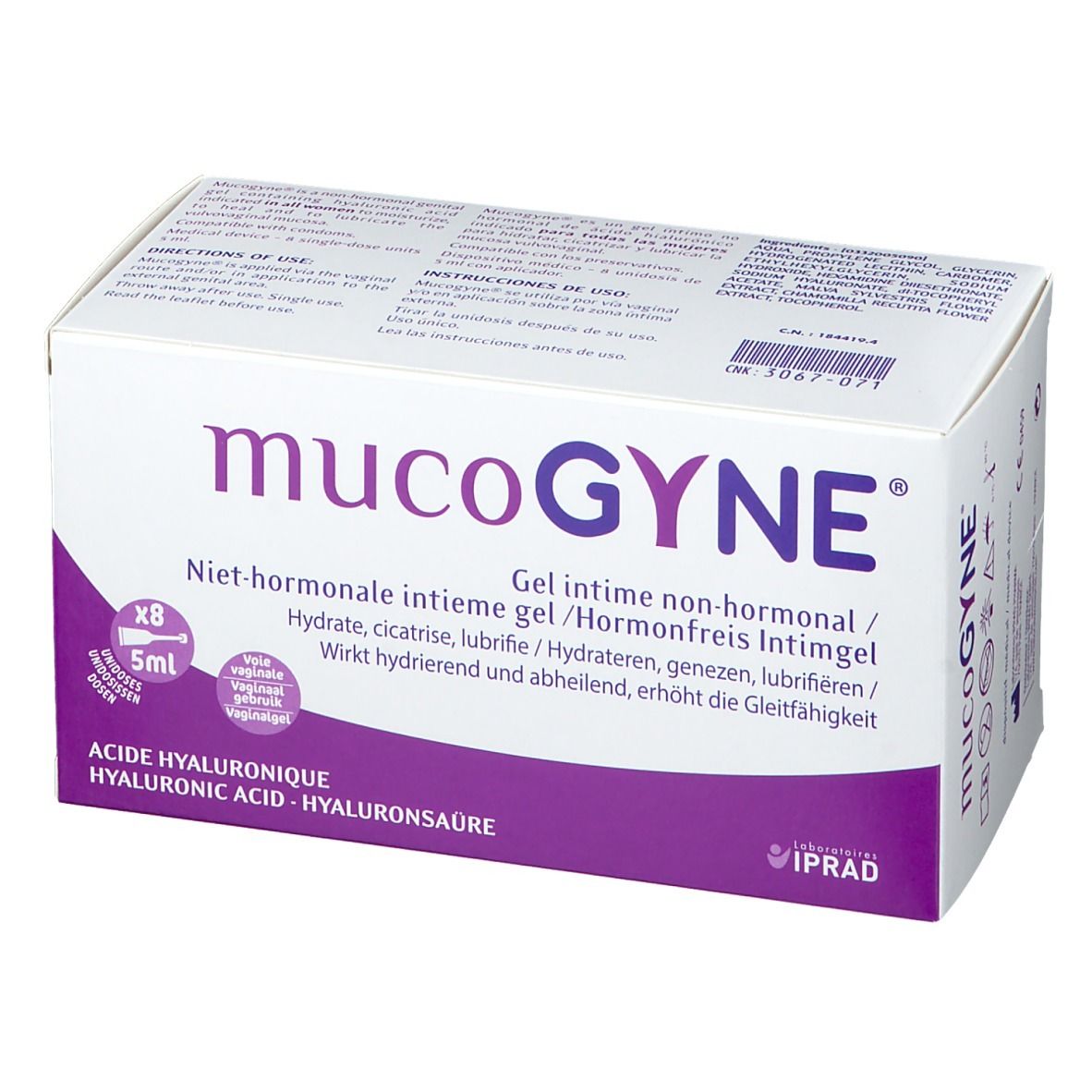 Weißer Karton mit lila Akzenten. Aufschrift: mucoGYNE, Gel intime non-hormonal. Enthält 8 x 5ml. Mit Hyaluronsäure.
