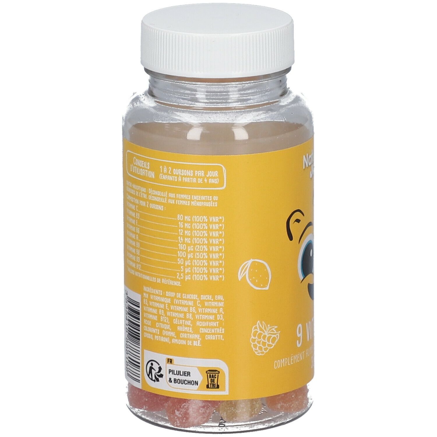 Rückseite der Flasche mit Gummibärchen. Aufschrift: Nat & Form Junior, 9 Vitamines. Enthält Informationen zu Vitaminen.