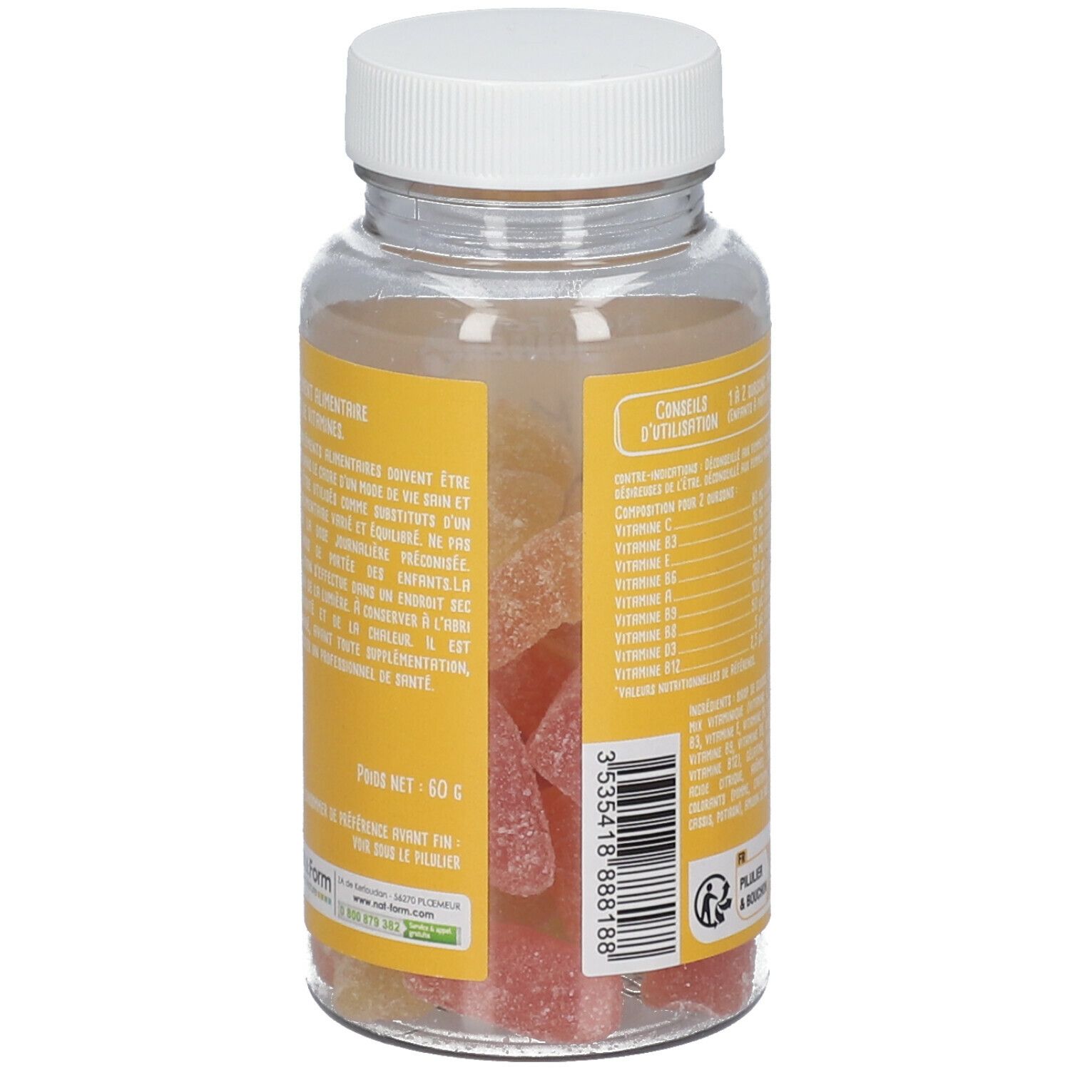 Rückseite der Flasche mit Gummibärchen. Aufschrift: Nat & Form Junior. Enthält Informationen zu Inhaltsstoffen und Gewicht.