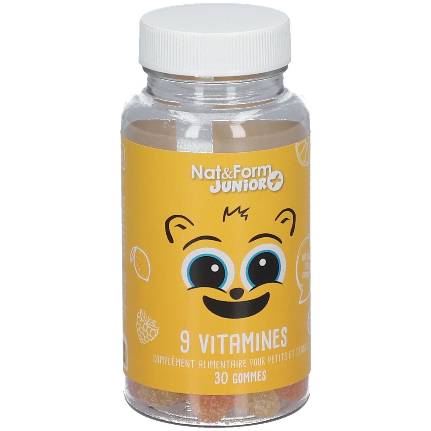 Gelbe Flasche mit Gummibärchen. Aufschrift: Nat & Form Junior, 9 Vitamines, 30 Gommes. Abbildung eines Bären.