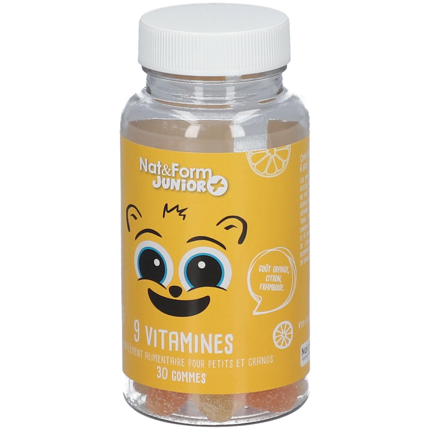 Gelbe Flasche mit Gummibärchen. Aufschrift: Nat & Form Junior, 9 Vitamines, 30 Gommes. Abbildung eines Bären.