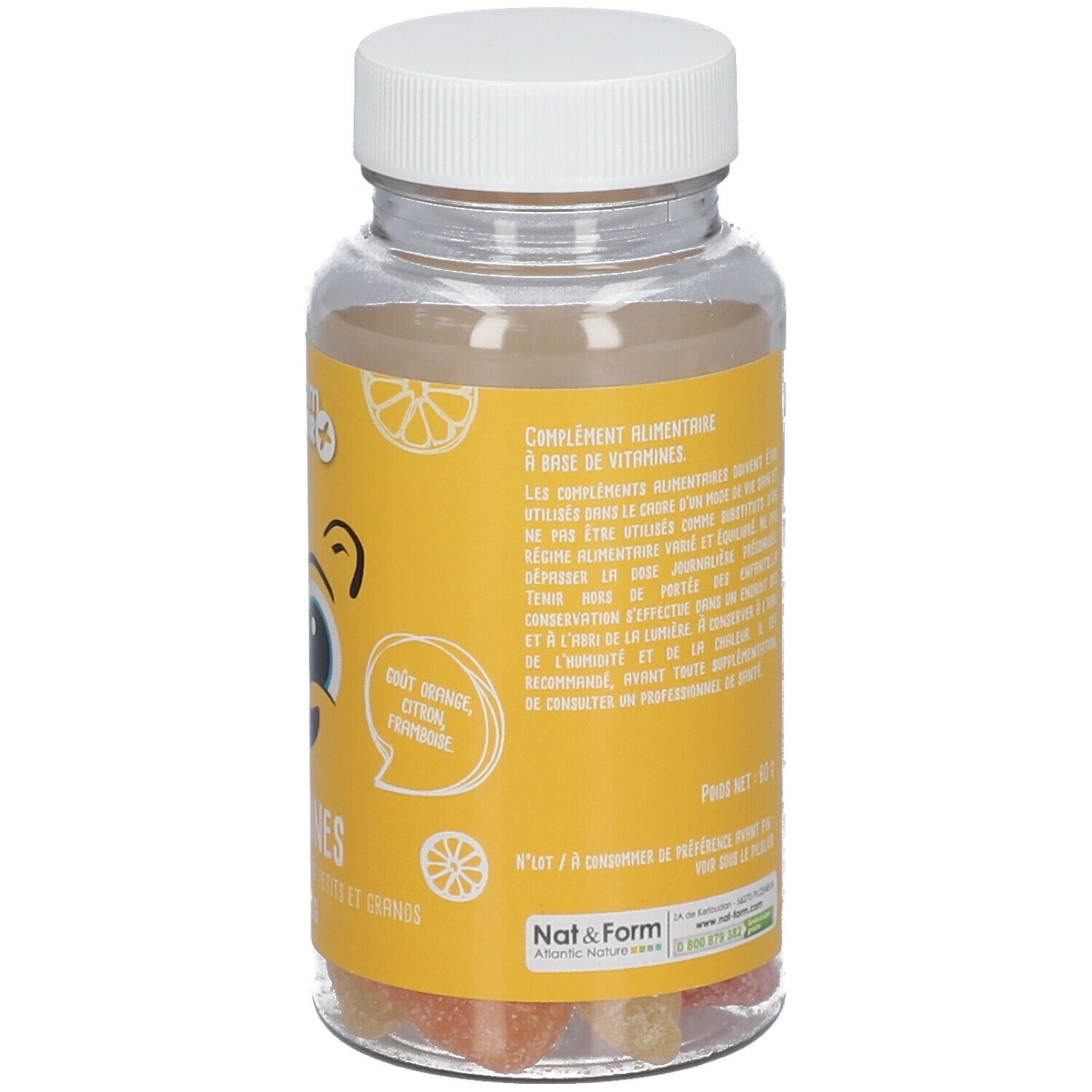 Rückseite der Flasche mit Gummibärchen. Aufschrift: Nat & Form Junior, 9 Vitamines. Enthält Informationen zu Vitaminen.