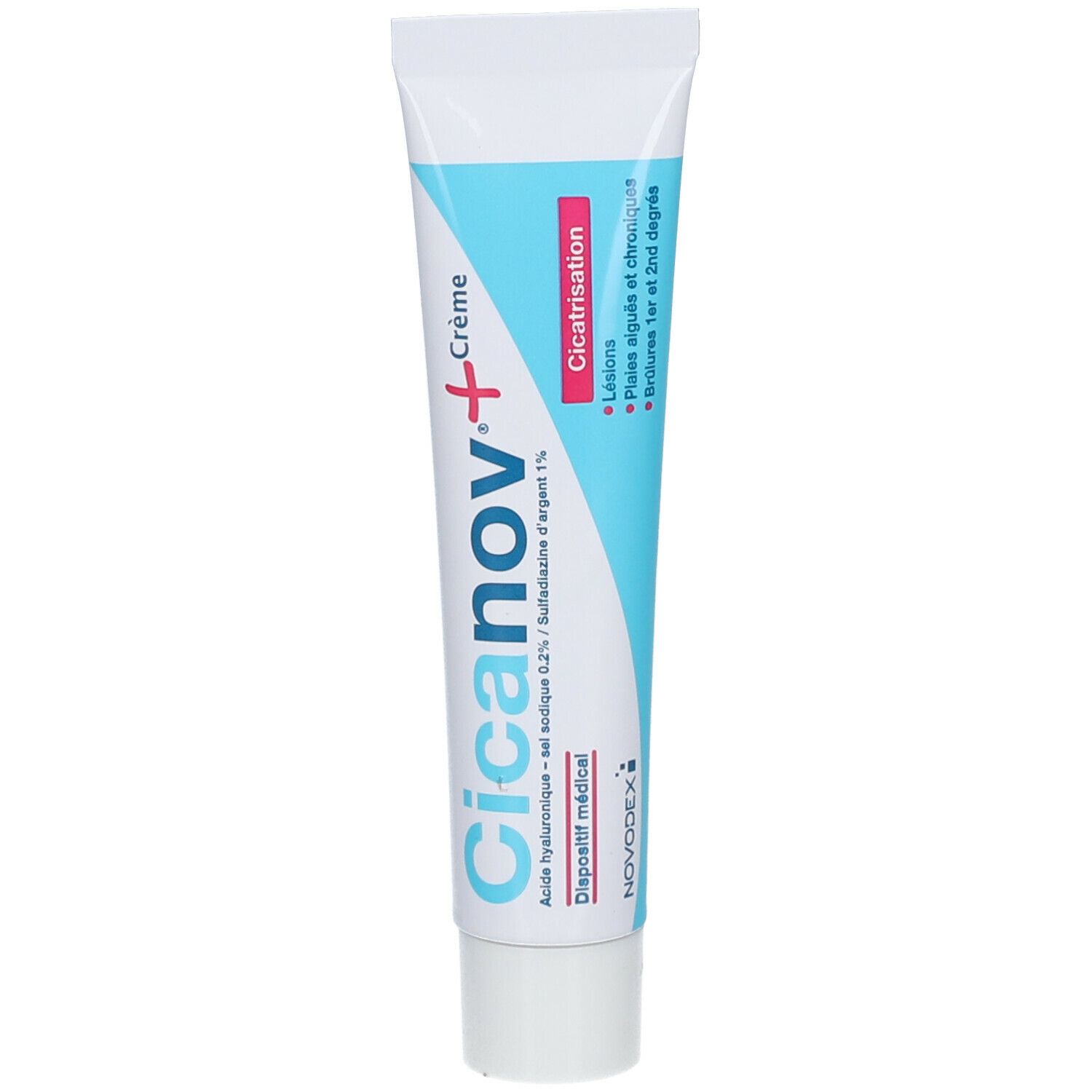 Tube de crème Cicanov+ avec texte bleu et blanc. Contient Cicanov+ Crème. Dispositif médical.