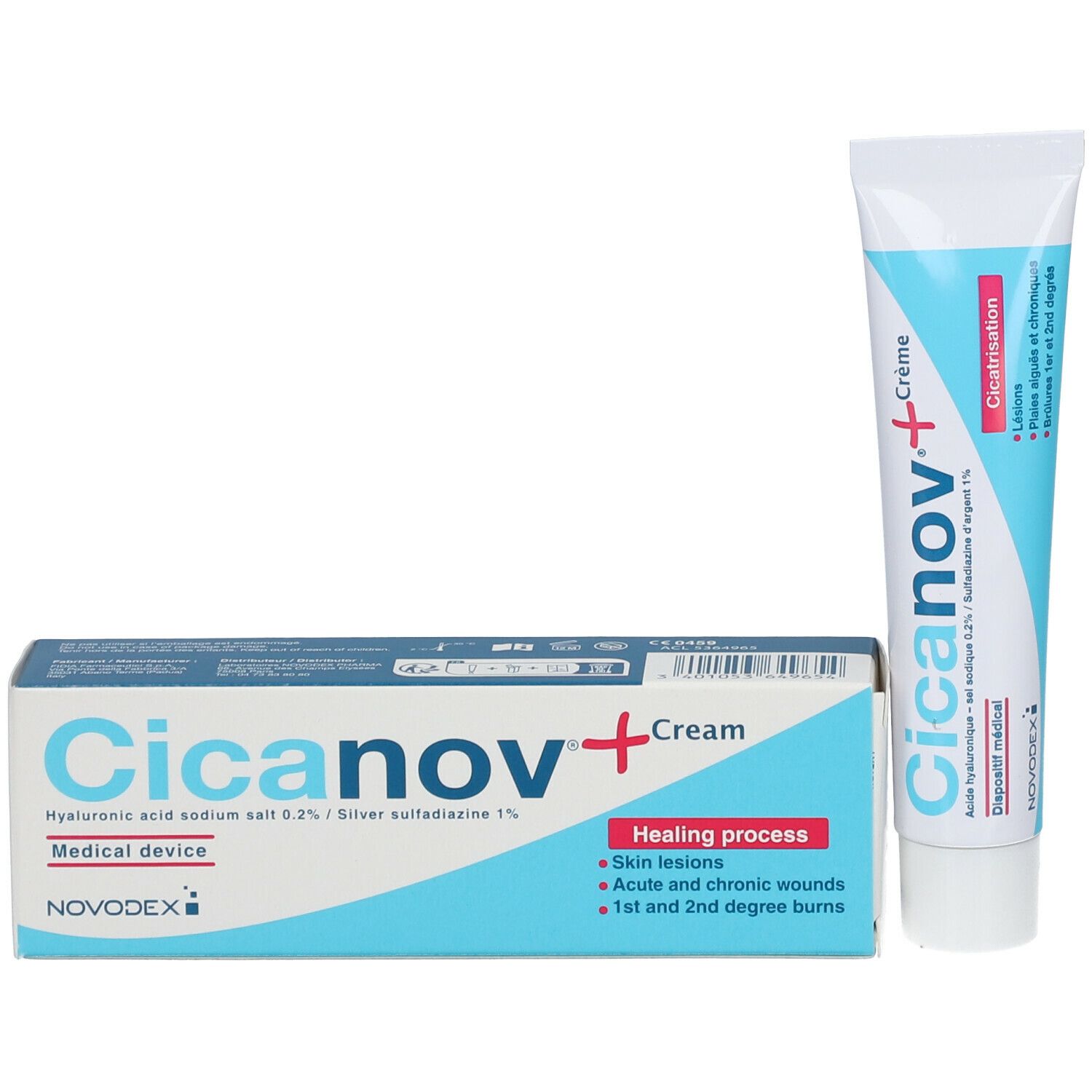 Tube et emballage de crème Cicanov+. Emballage avec nom du produit, ingrédients et marquage médical.