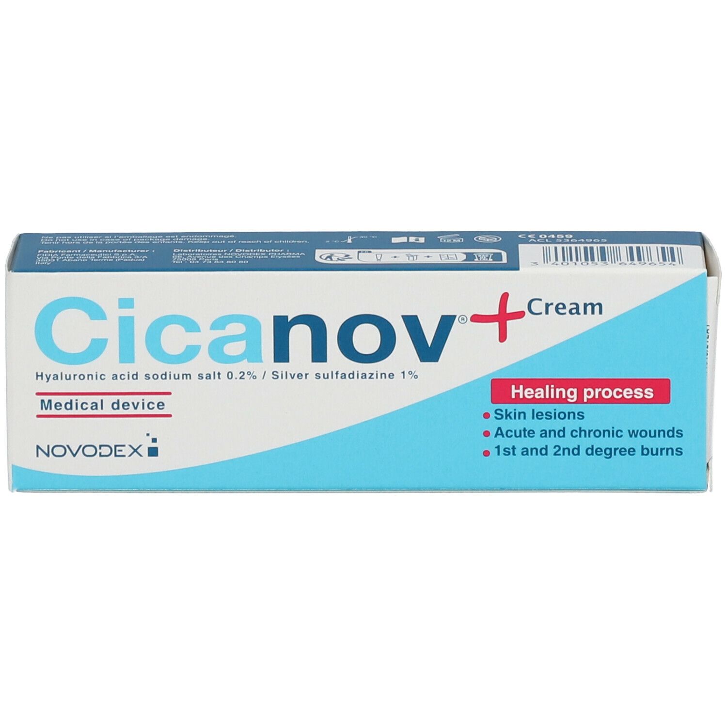 Emballage de crème Cicanov+. Contient le nom du produit, les ingrédients et le marquage médical.
