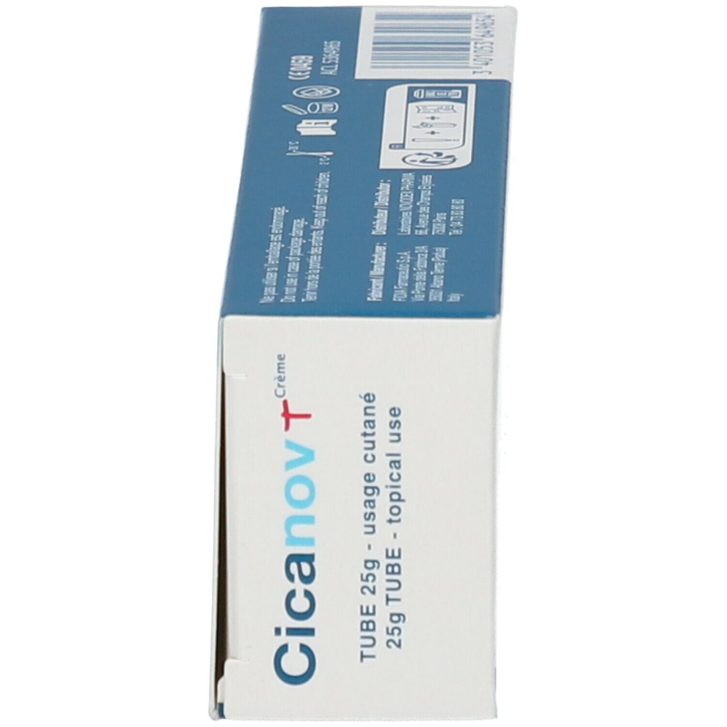 Vue latérale de l'emballage de la crème Cicanov+. Affiche le nom du produit et d'autres informations.