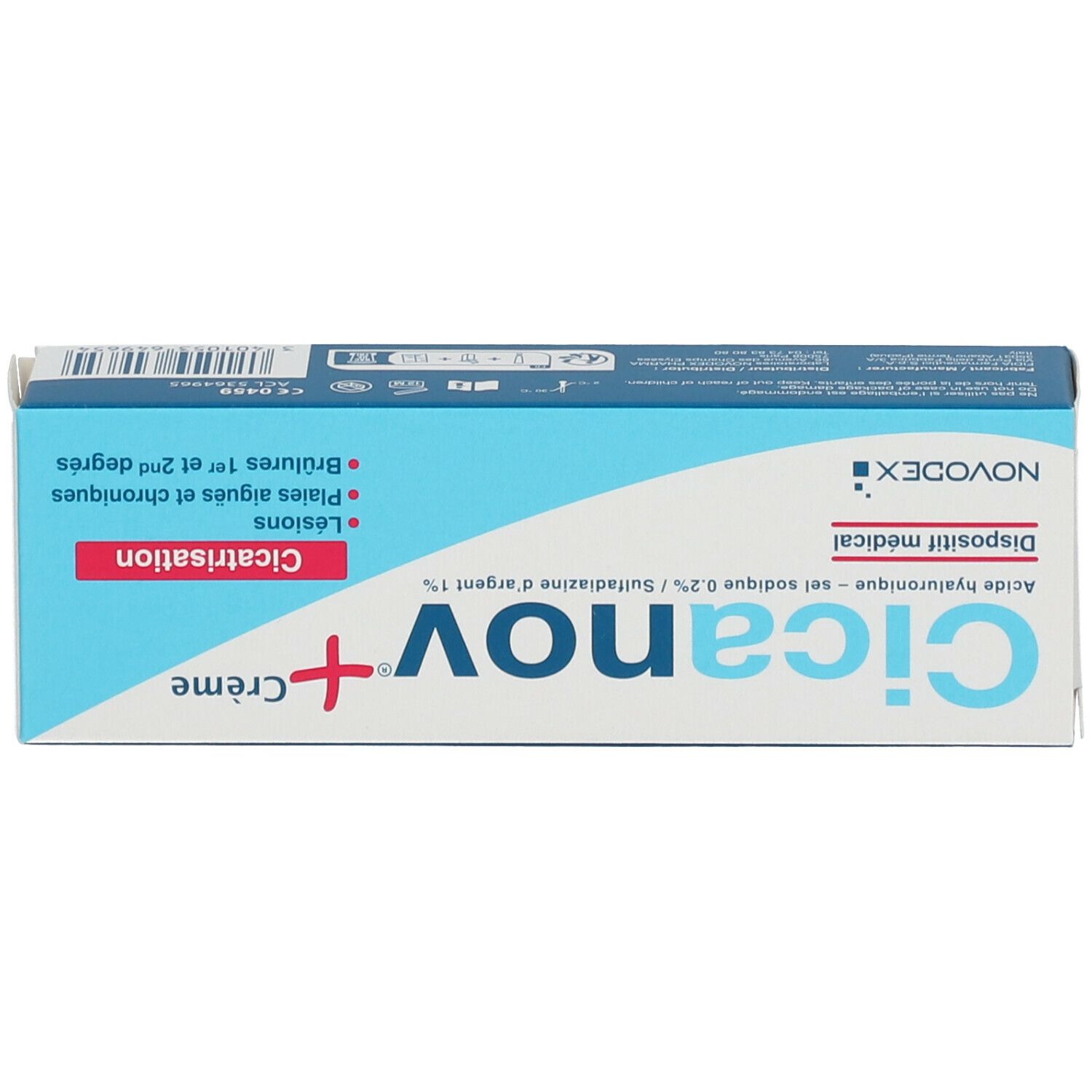 Emballage de crème Cicanov+. Contient le nom du produit, les ingrédients et le marquage médical.