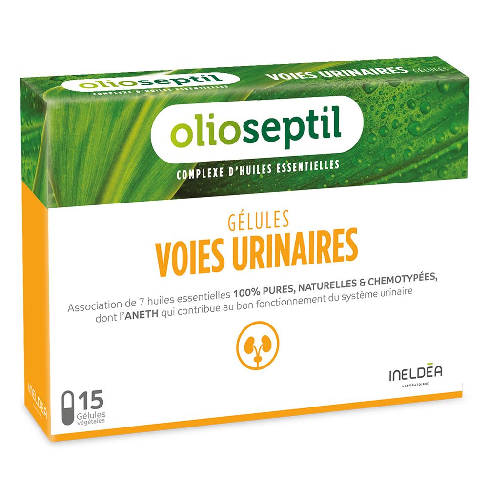 Boîte de gélules Olioseptil Voies Urinaires. 15 gélules. Design vert et blanc avec informations produit.