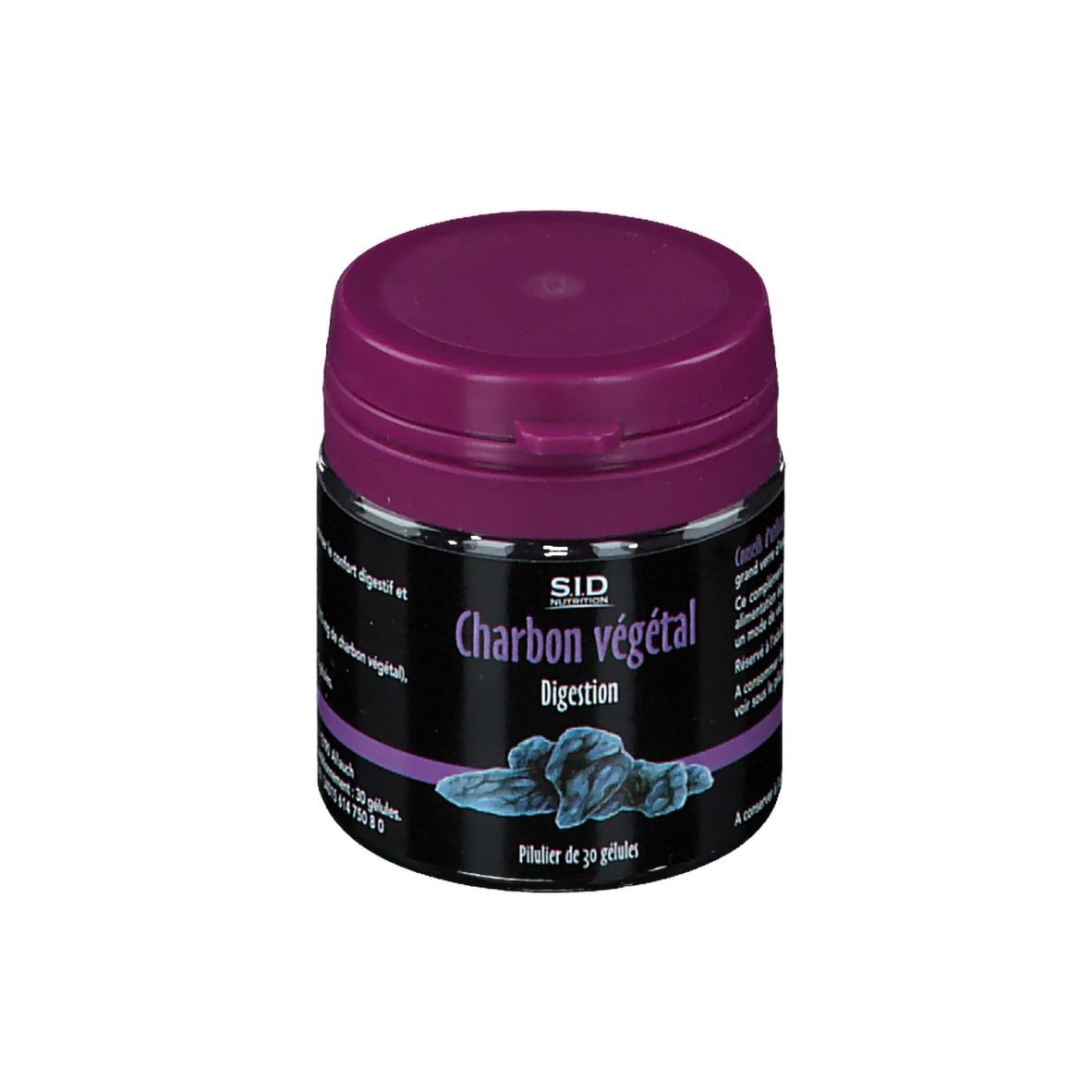 Dose mit SID Nutrition Charbon végétal. Lila Deckel, schwarzes Etikett mit Produktinformationen und Abbildung.
