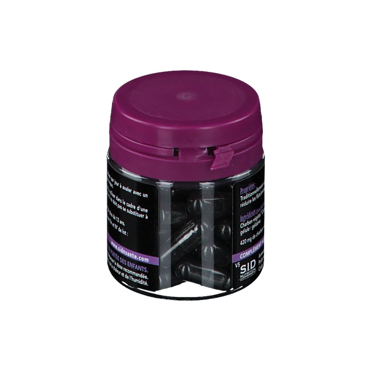 Dose mit Kapseln von SID Nutrition Charbon végétal. Lila Deckel, schwarzes Etikett, Kapseln sichtbar.