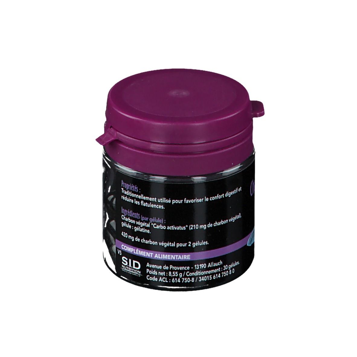 Dose mit SID Nutrition Charbon végétal. Lila Deckel, schwarzes Etikett mit Produktinformationen.
