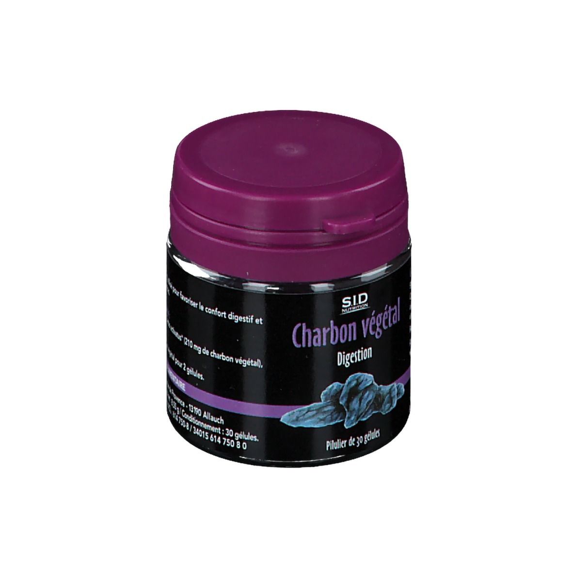 Dose mit SID Nutrition Charbon végétal. Lila Deckel, schwarzes Etikett mit Produktnamen und Abbildung.