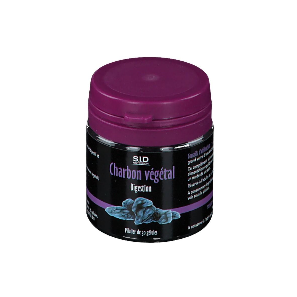 Dose mit SID Nutrition Charbon végétal. Lila Deckel, schwarzes Etikett mit Produktinformationen.