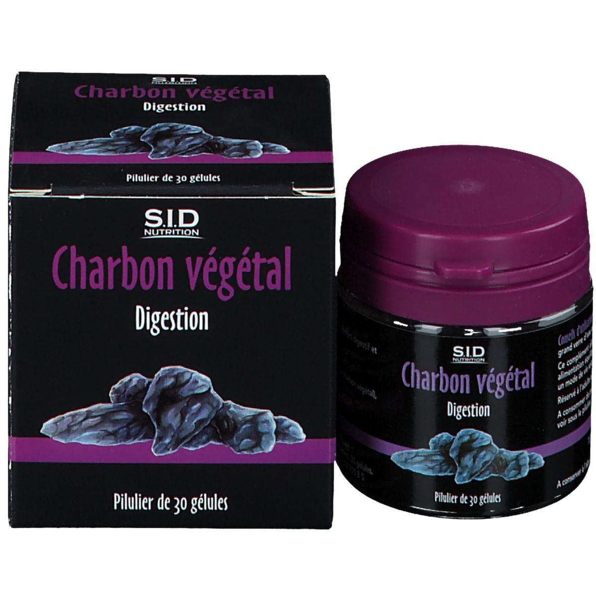 SID Nutrition Charbon végétal, Dose und Schachtel. Lila Deckel, schwarze Verpackung mit Produktinformationen.