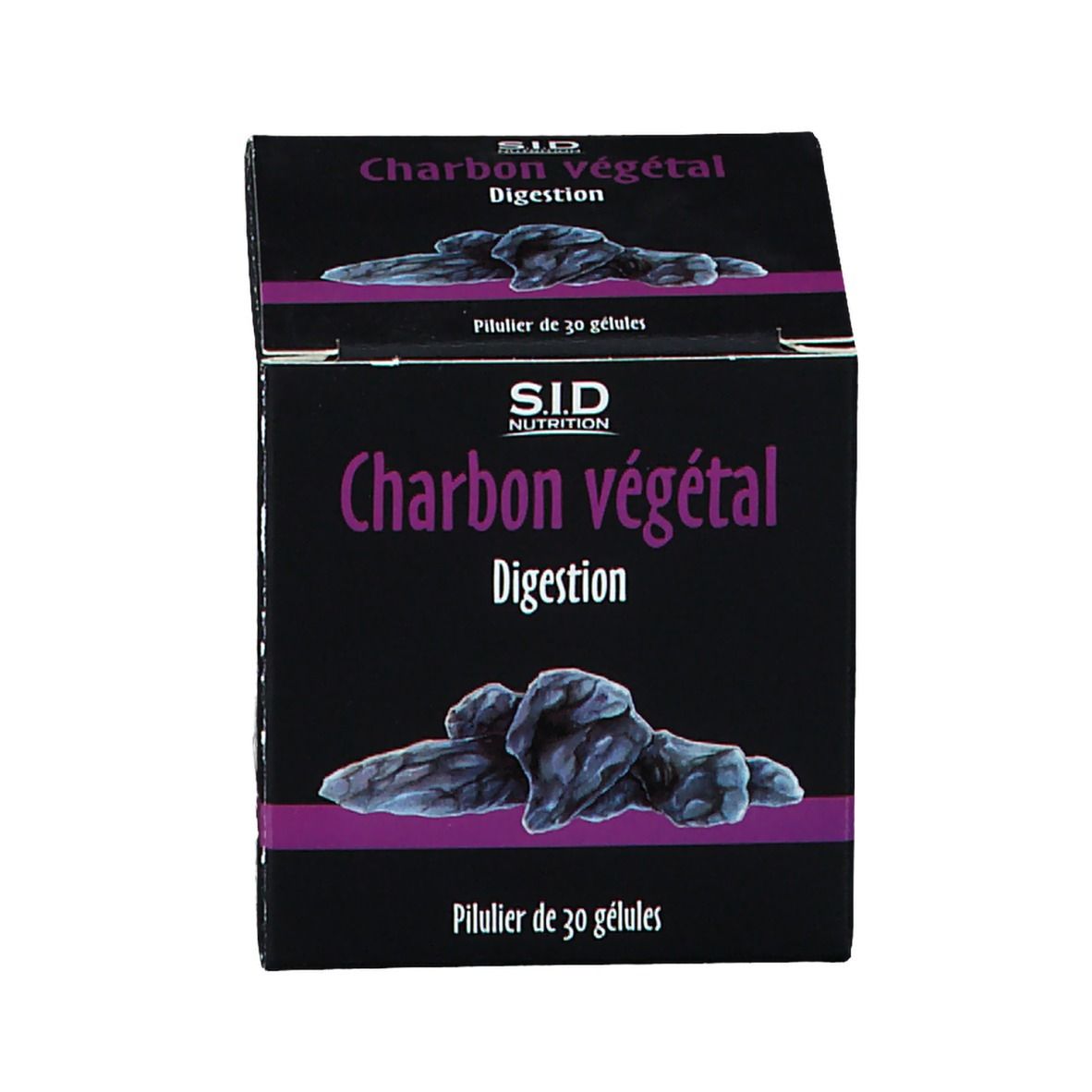 Schachtel mit SID Nutrition Charbon végétal. Schwarze Verpackung mit Produktnamen und Informationen.