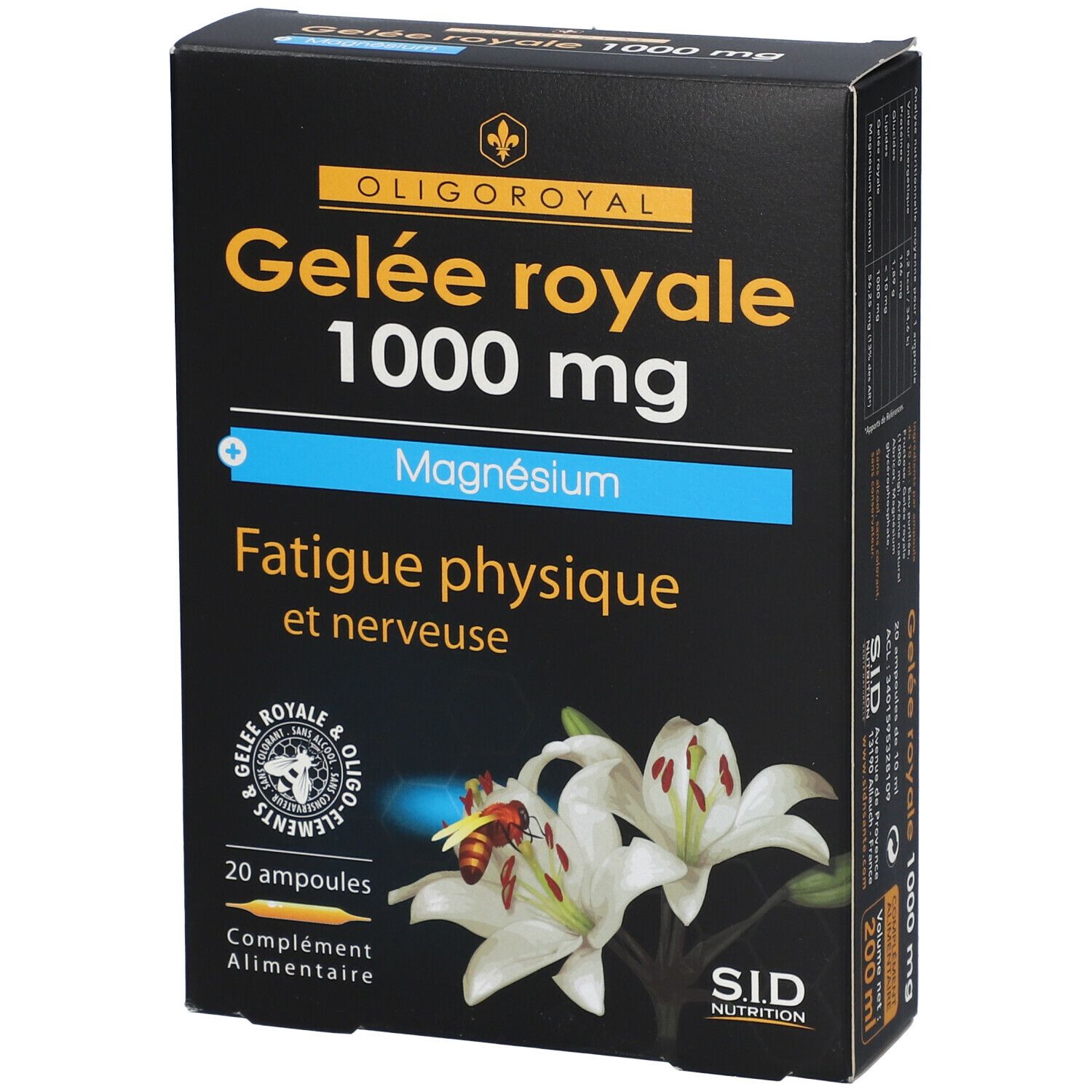 Boîte noire avec inscriptions. Contient : Gelée royale 1000 mg, Magnésium, 20 ampoules. Illustration de lys et d'une abeille.