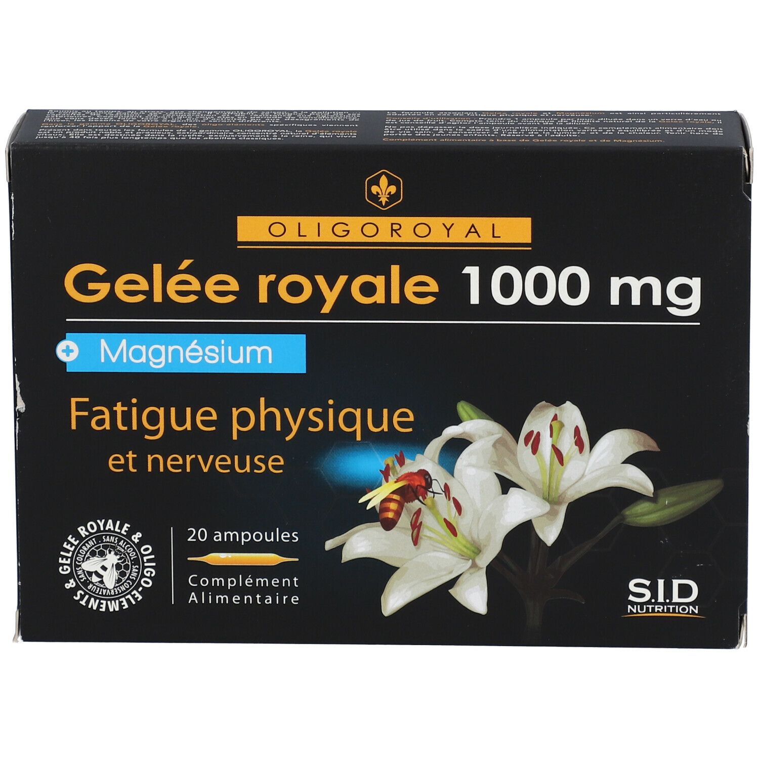 Boîte noire avec inscriptions. Contient : Gelée royale 1000 mg, Magnésium, 20 ampoules. Illustration de lys et d'une abeille.