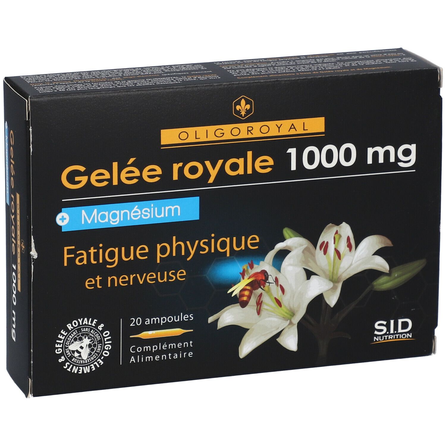 Boîte noire avec inscriptions. Contient : Gelée royale 1000 mg, Magnésium, 20 ampoules. Illustration de lys et d'une abeille.